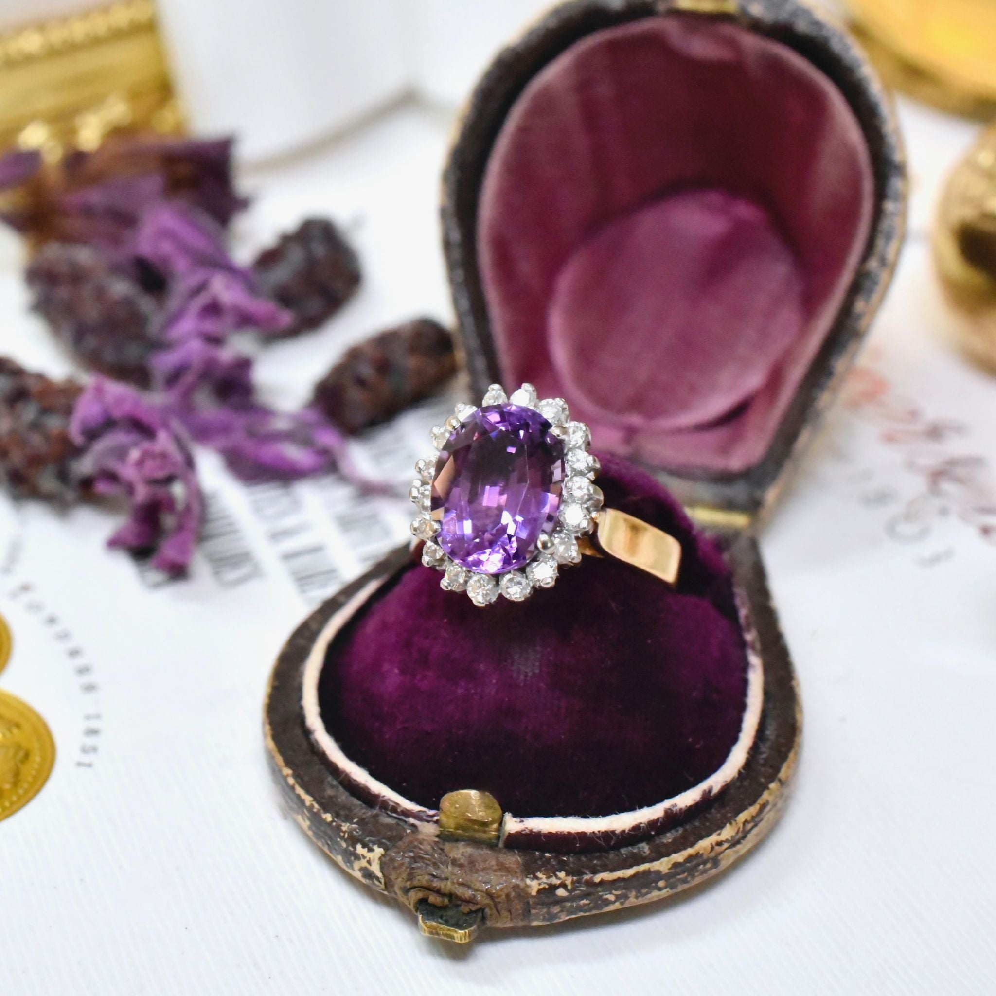 Vintage 18ct Yellow Gold Amethyst And Diamond Ring