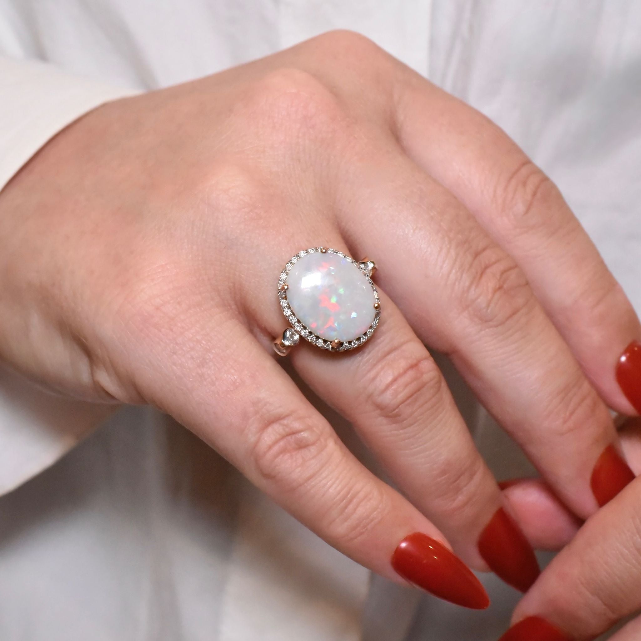 Superb 18ct Rose Gold Solid Opal And Diamond Ring