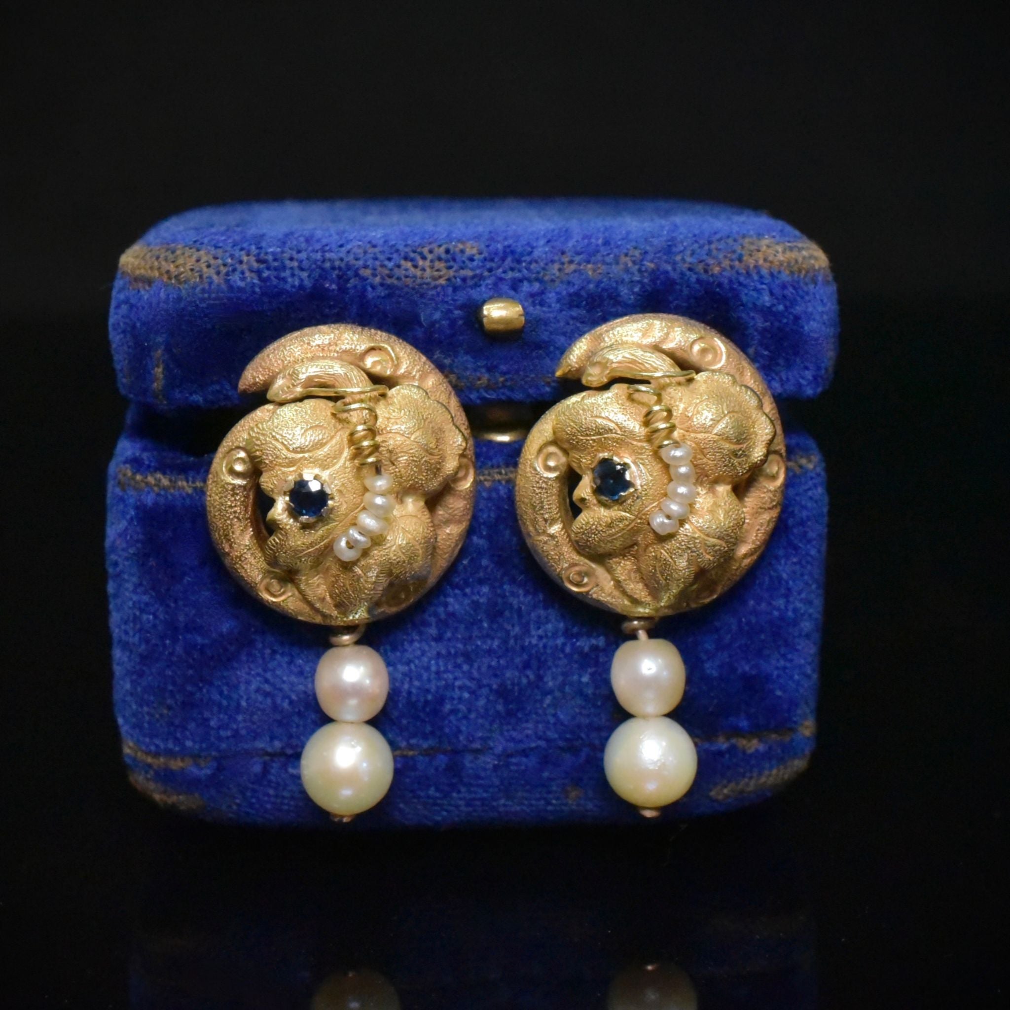 Superb Antique Victorian 18ct Yellow Gold Sapphire And Pearl Earrings - Circa 1880-90