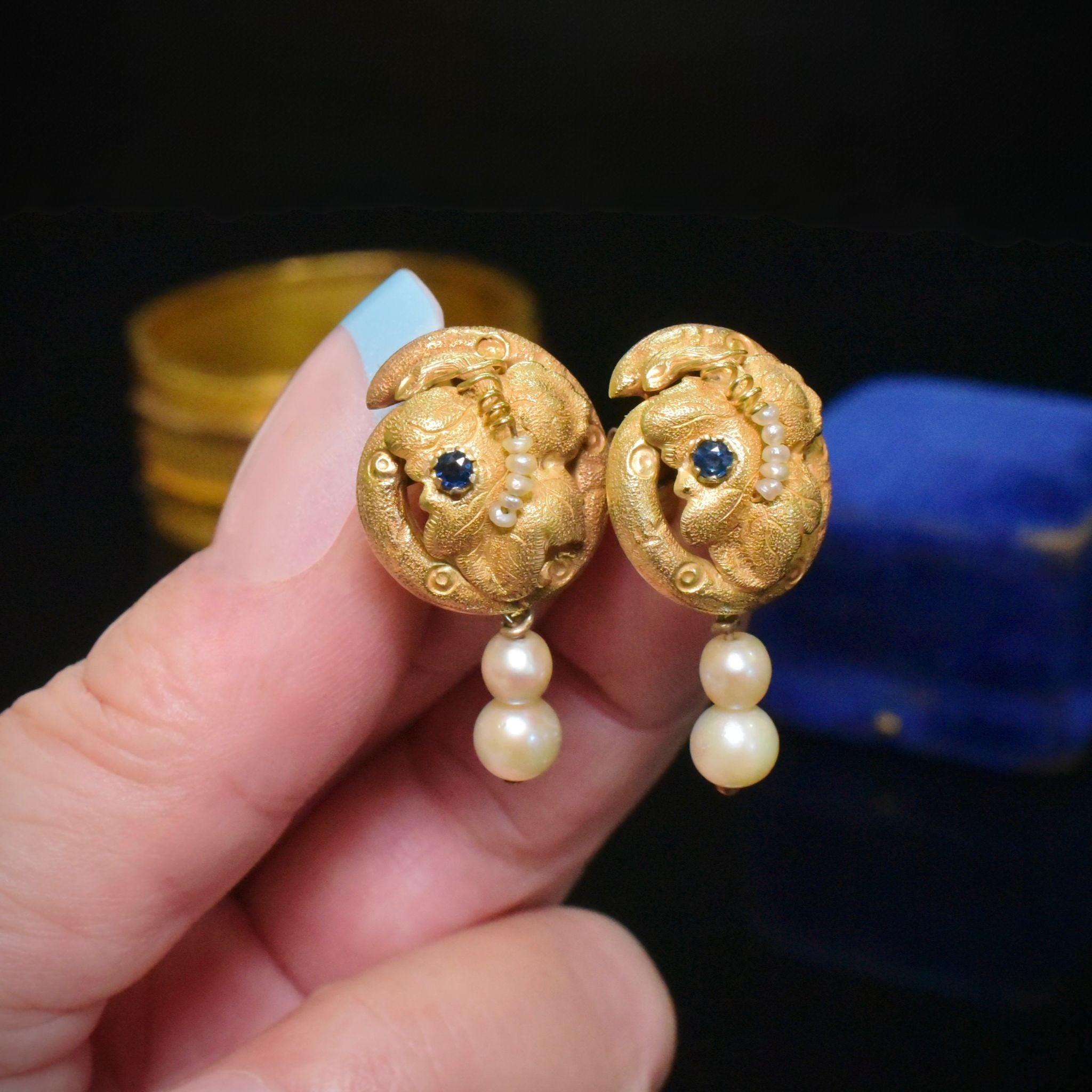 Superb Antique Victorian 18ct Yellow Gold Sapphire And Pearl Earrings - Circa 1880-90