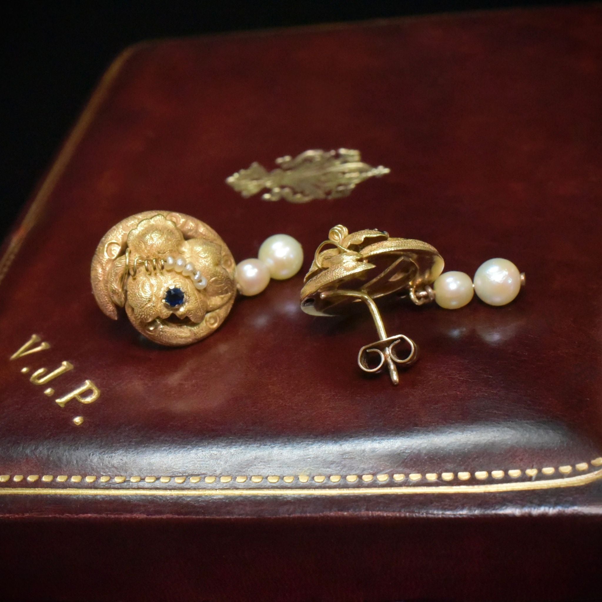 Superb Antique Victorian 18ct Yellow Gold Sapphire And Pearl Earrings - Circa 1880-90