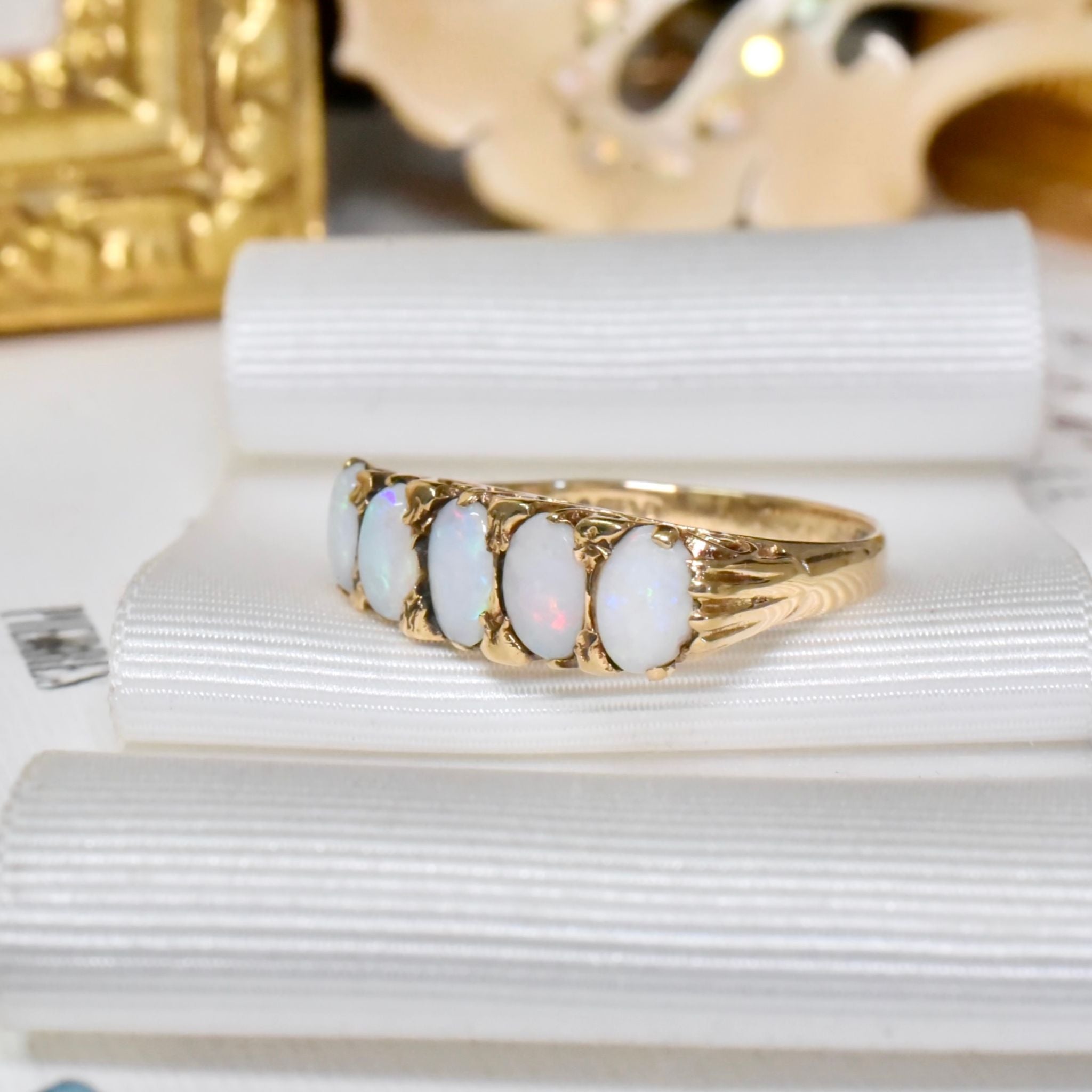 Vintage 9ct Yellow Gold Solid Opal ‘Half Hoop’ Ring - London 1972