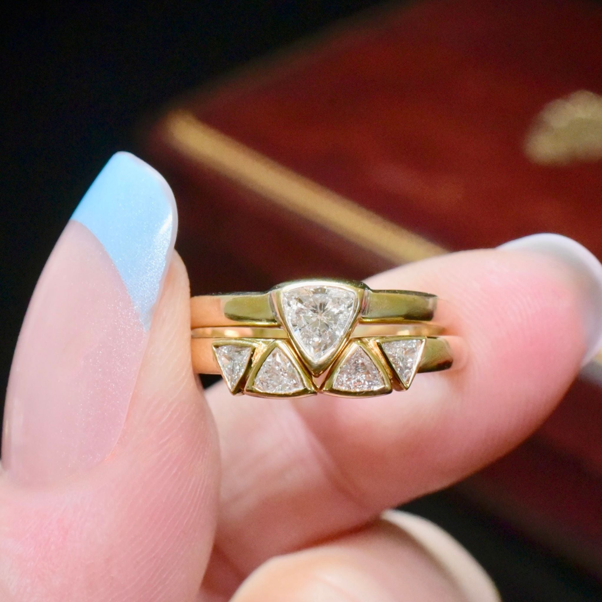 Modern 18ct Yellow Gold Trilliant-Cut Diamond Two Ring Set