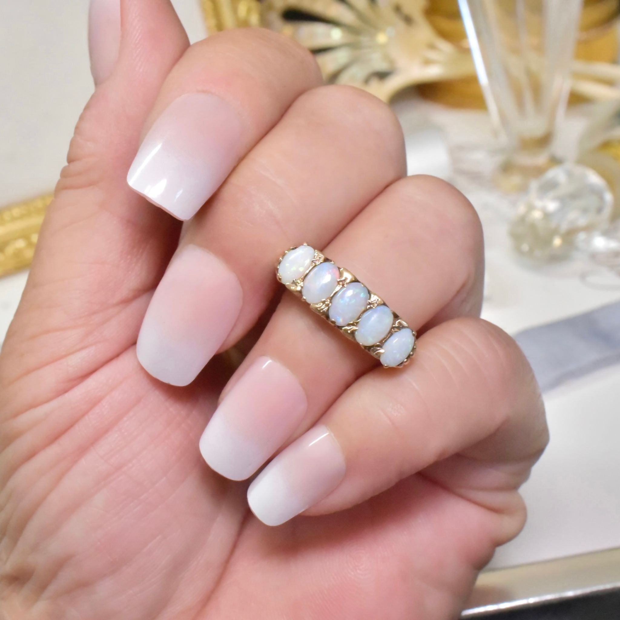 Vintage 9ct Yellow Gold Solid Opal ‘Half Hoop’ Ring - London 1972