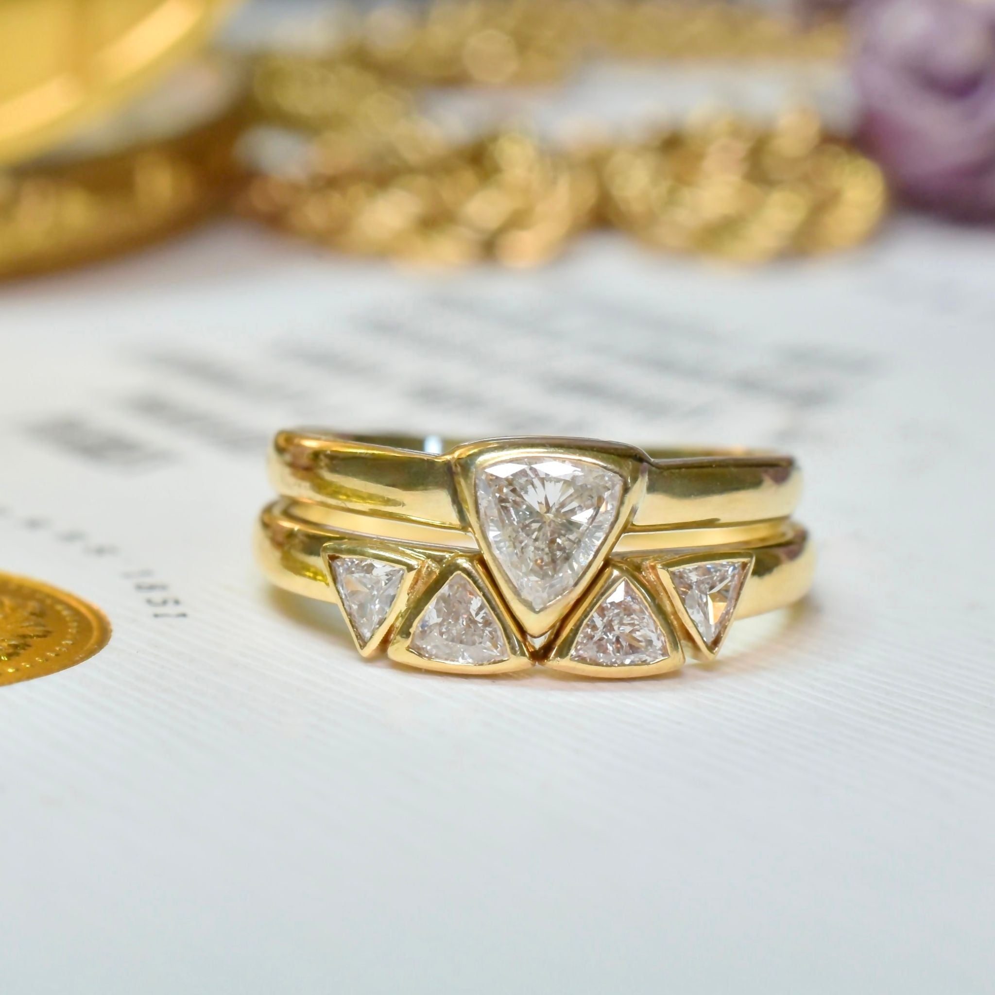Modern 18ct Yellow Gold Trilliant-Cut Diamond Two Ring Set