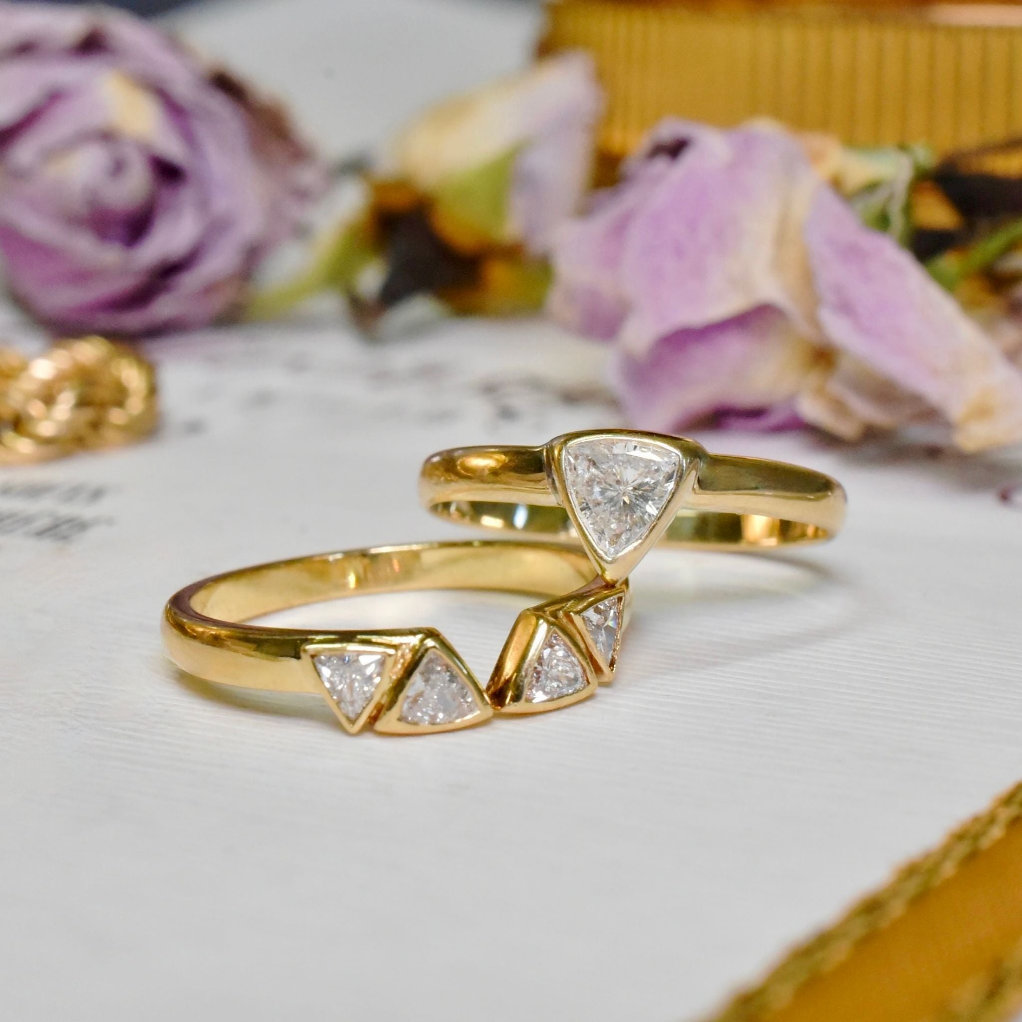 Modern 18ct Yellow Gold Trilliant-Cut Diamond Two Ring Set