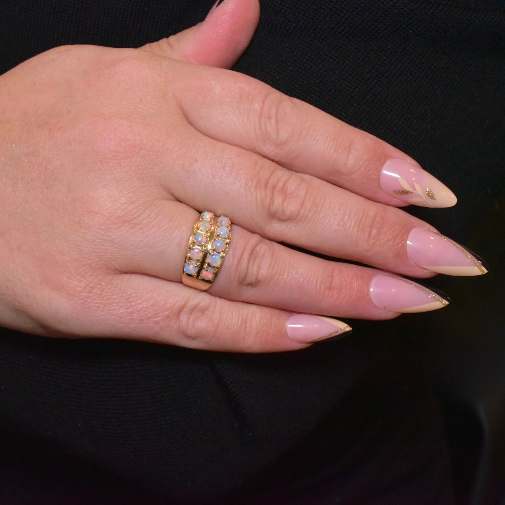 Vintage 14ct Yellow Gold Double Row Solid White Opal Ring