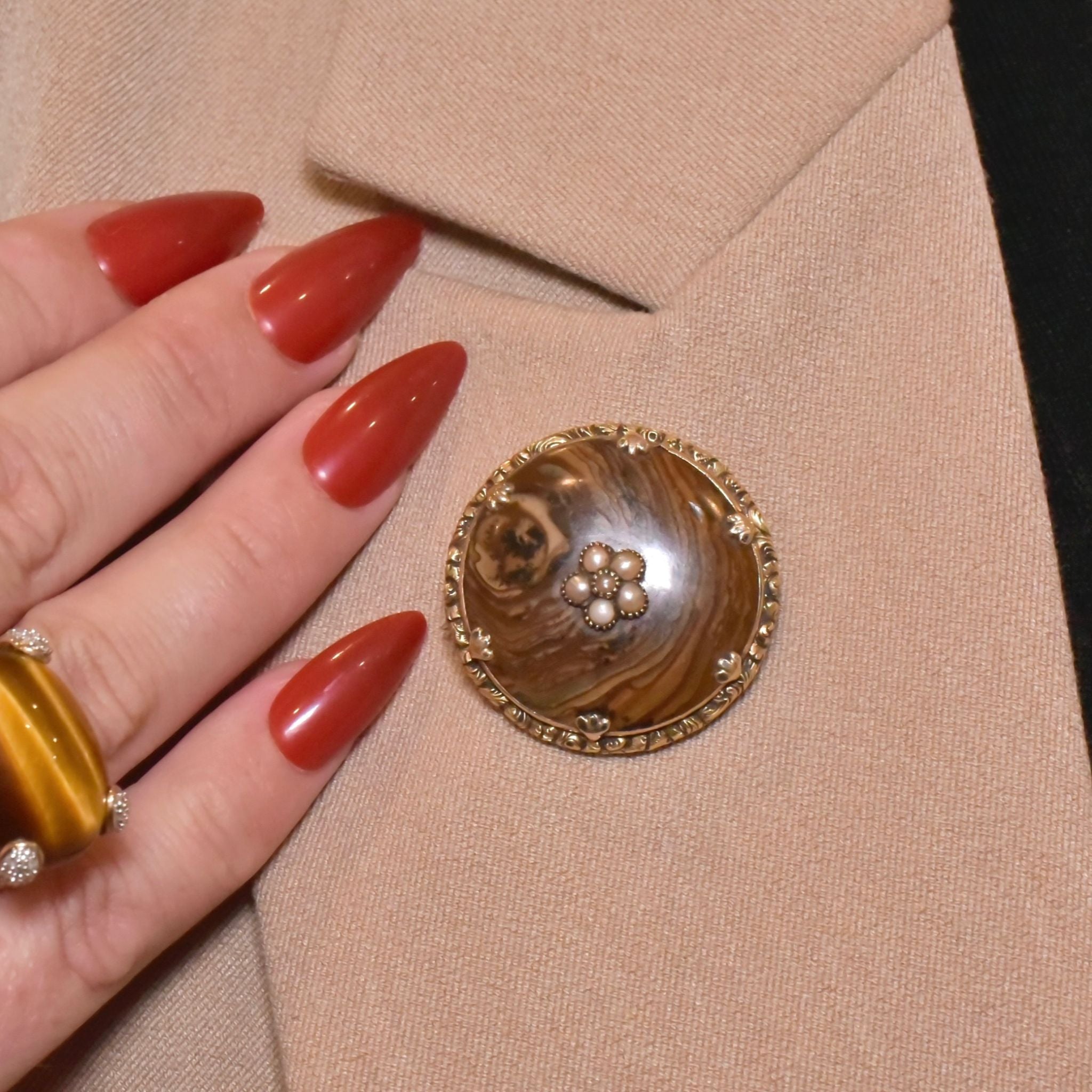 Antique Victorian Gold Cased Banded Agate And Pearl Brooch Circa 1880’s