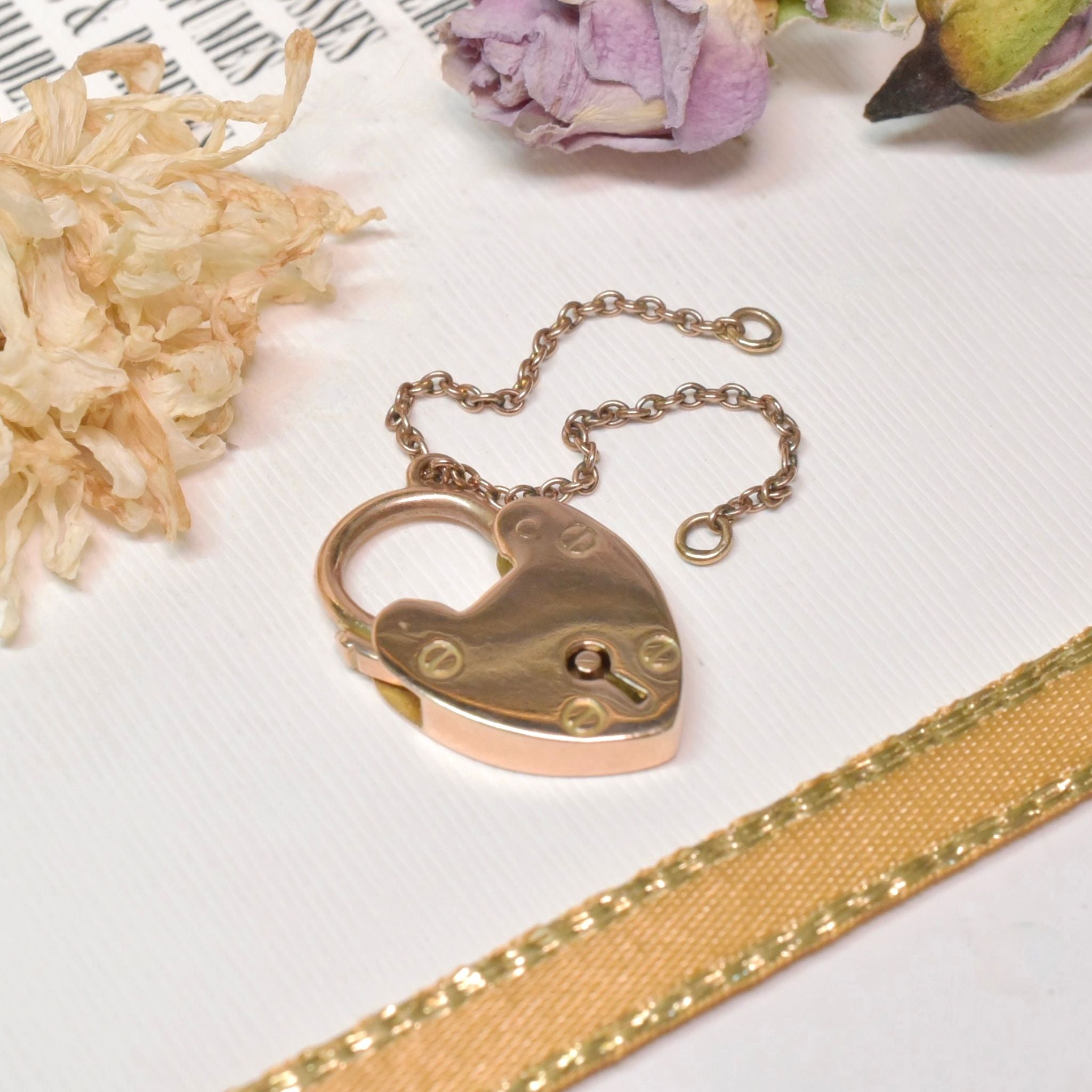 Antique Australian 9ct Rose Gold Heart Padlock Clasp / Original Safety Chain - Circa 1910