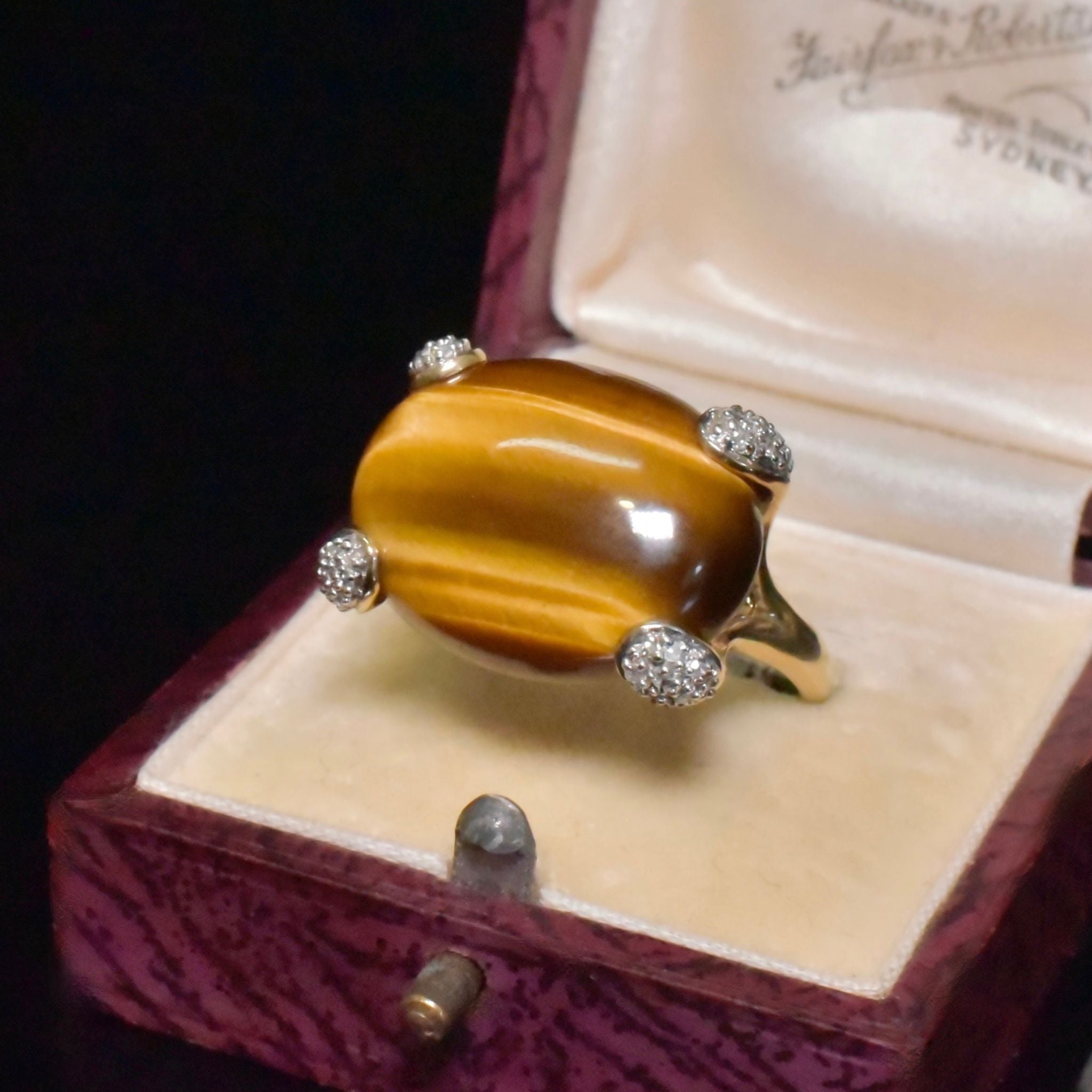 Vintage 9ct Yellow Gold Tiger Eye And Diamond Ring