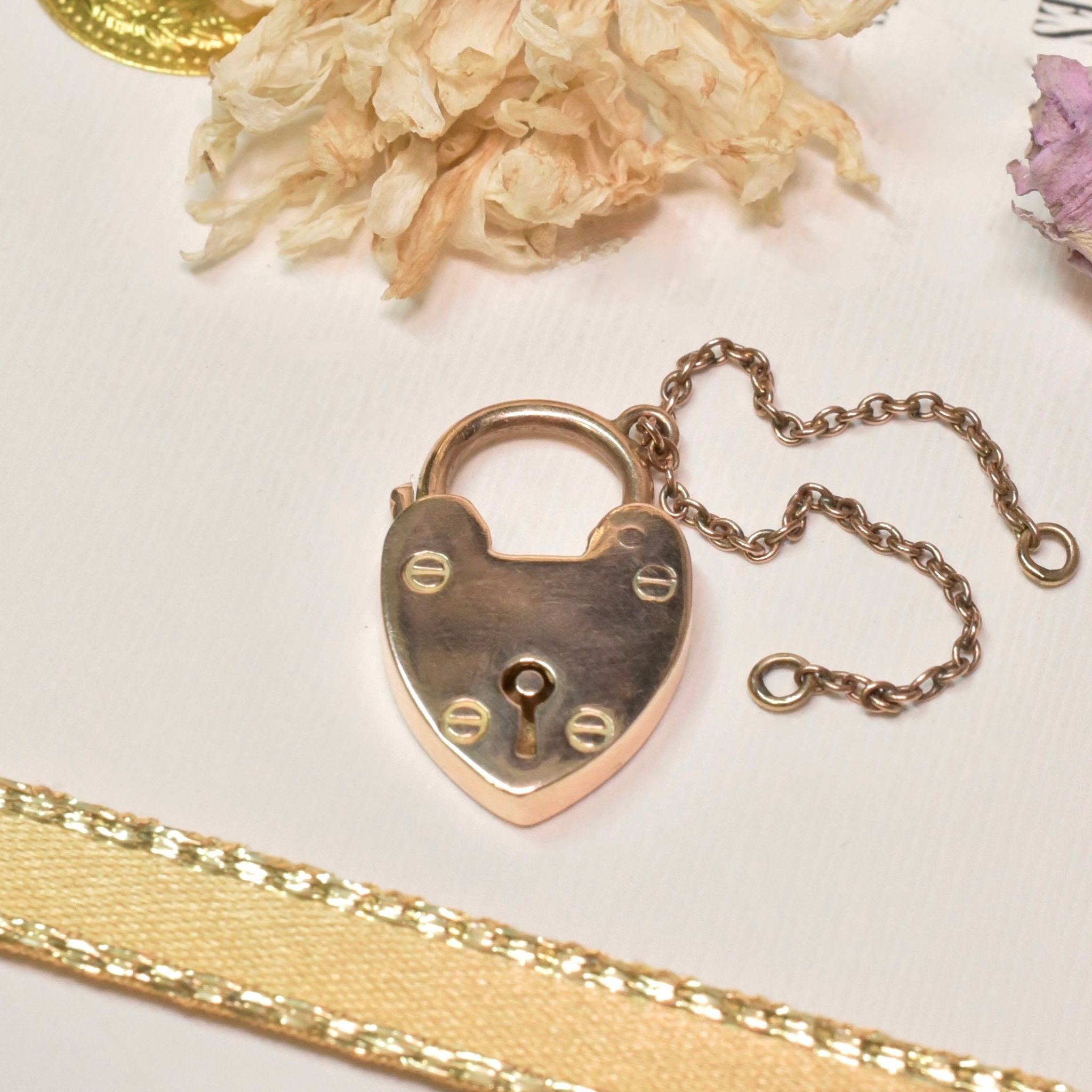 Antique Australian 9ct Rose Gold Heart Padlock Clasp / Original Safety Chain - Circa 1910