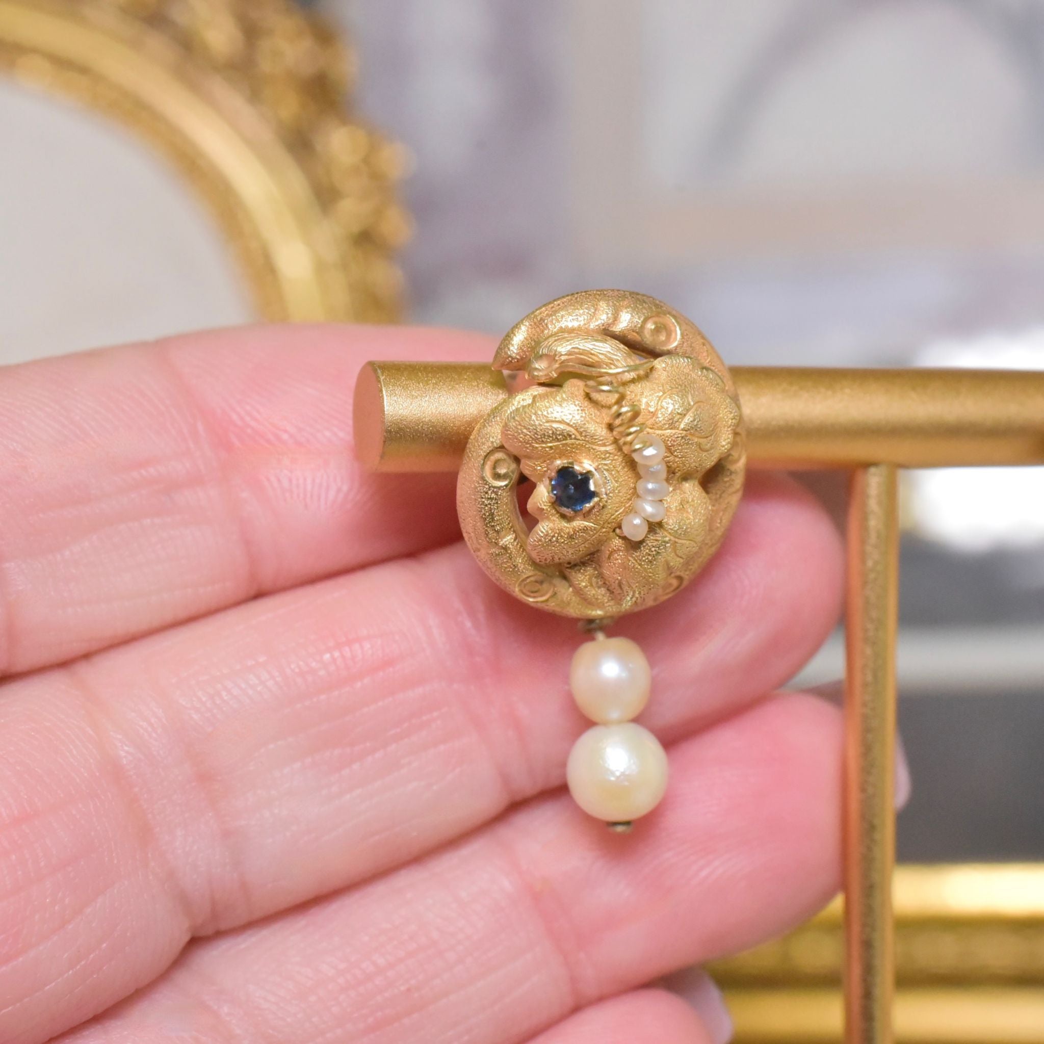 Superb Antique Victorian 18ct Yellow Gold Sapphire And Pearl Earrings - Circa 1880-90