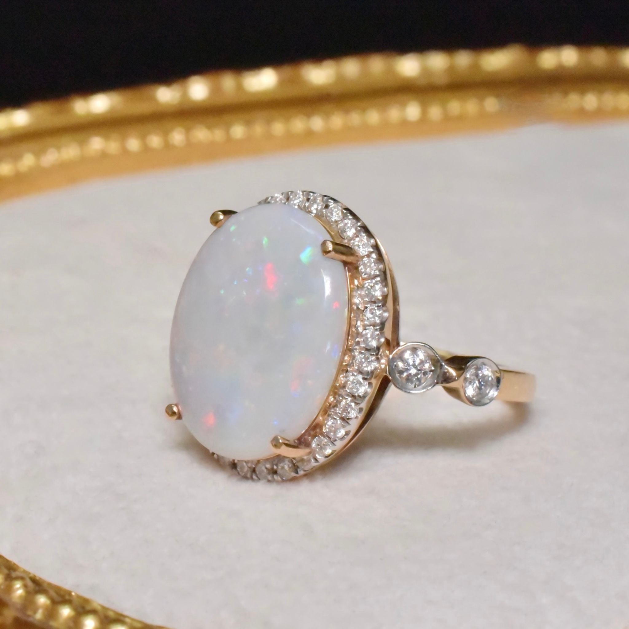 Superb 18ct Rose Gold Solid Opal And Diamond Ring