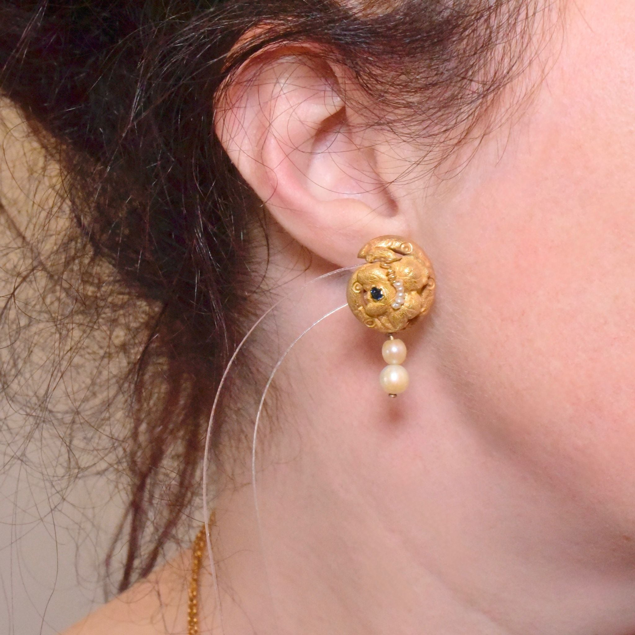 Superb Antique Victorian 18ct Yellow Gold Sapphire And Pearl Earrings - Circa 1880-90