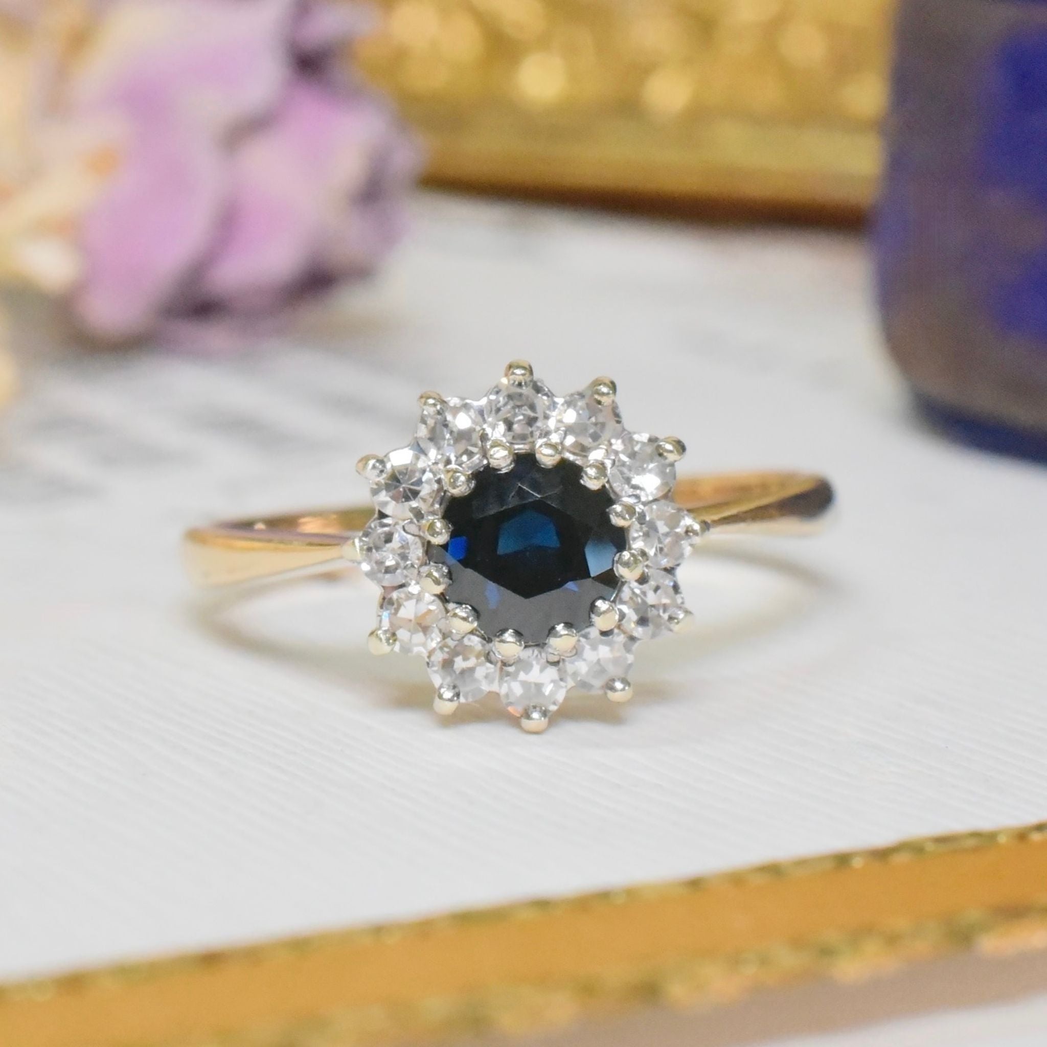Contemporary 9ct Yellow Gold Sapphire And Diamond Daisy Cluster Ring