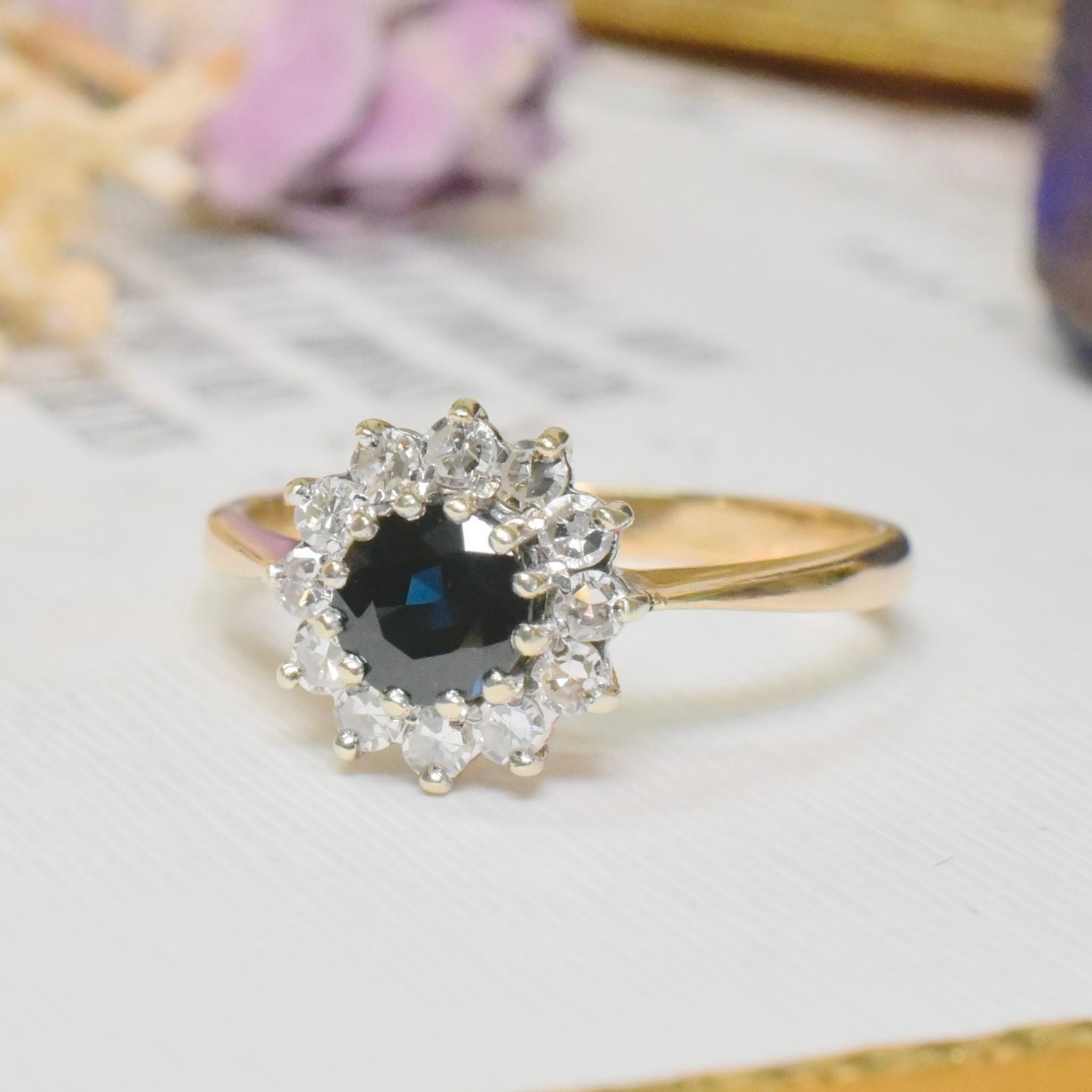 Contemporary 9ct Yellow Gold Sapphire And Diamond Daisy Cluster Ring
