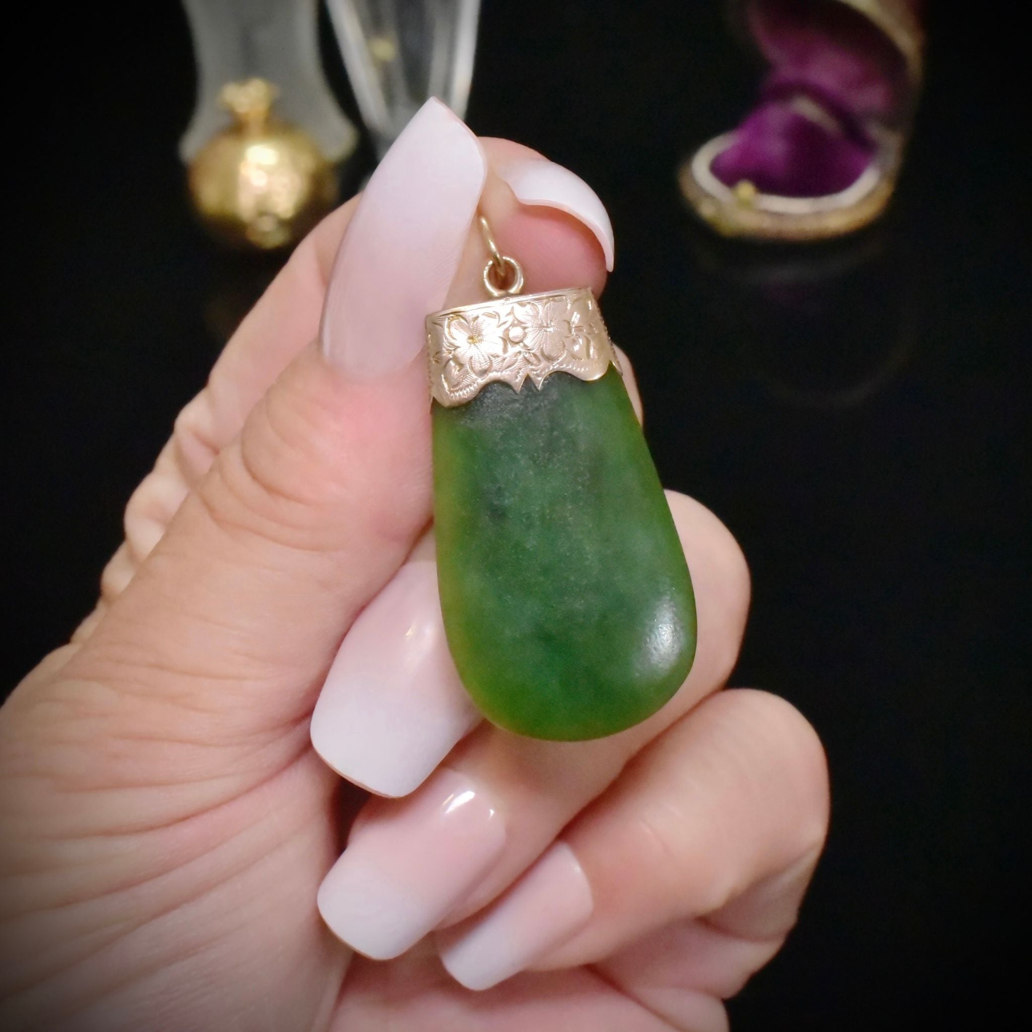 Antique Australian 9ct Rose Gold Nephrite Jade / Greenstone Fob Pendant Circa 1910