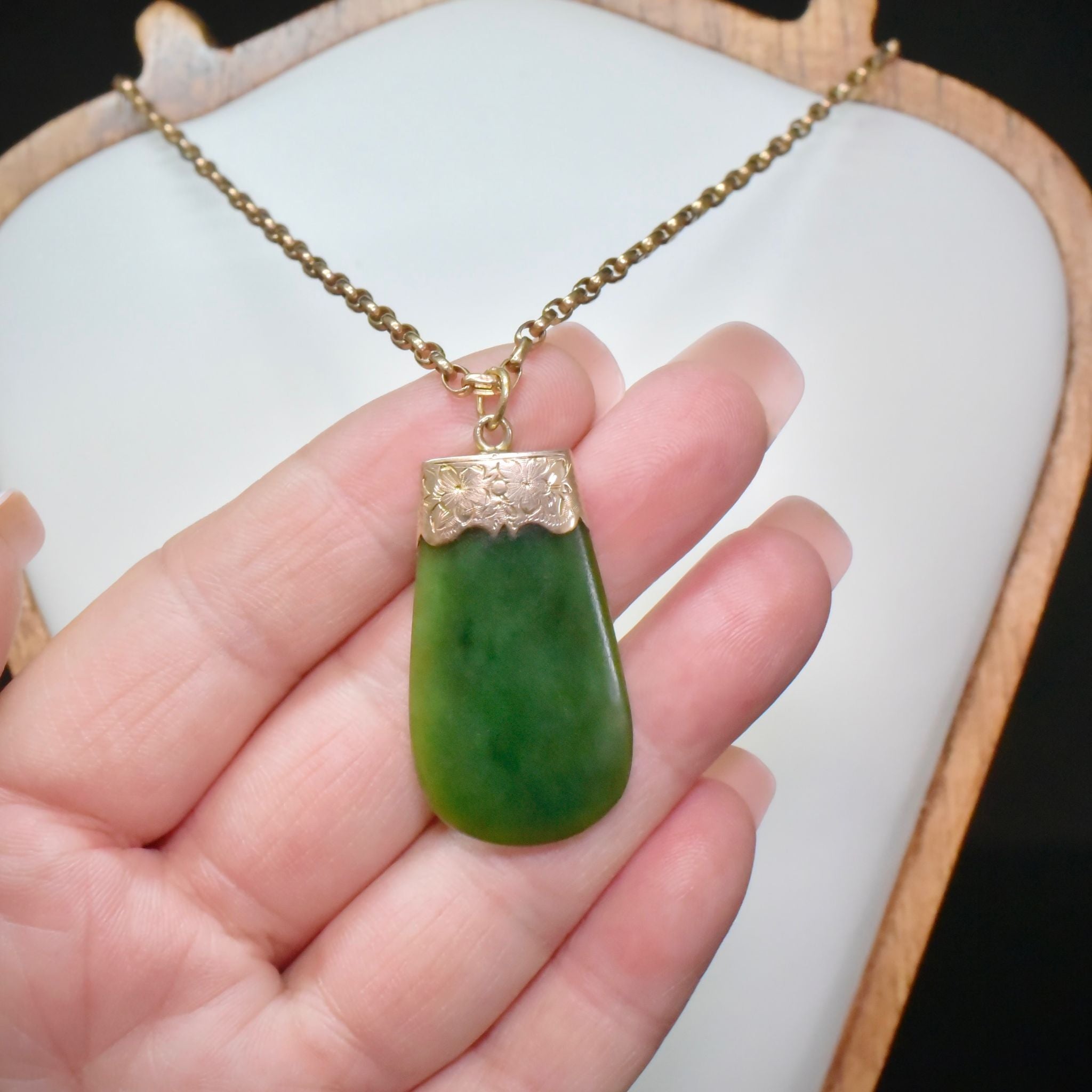 Antique Australian 9ct Rose Gold Nephrite Jade / Greenstone Fob Pendant Circa 1910