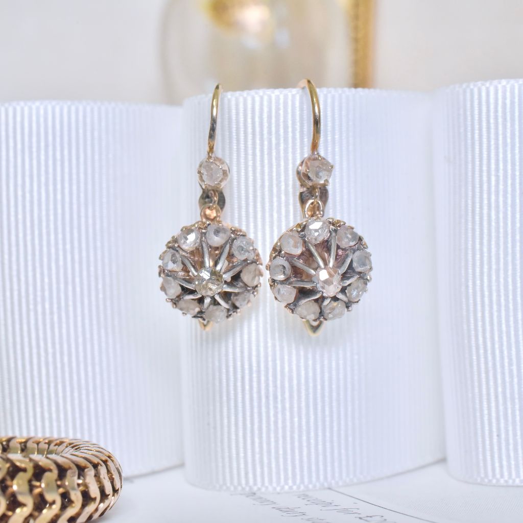 Antique Late 1800’s - Early 1900’s 9ct Rose Gold And Diamond Earrings