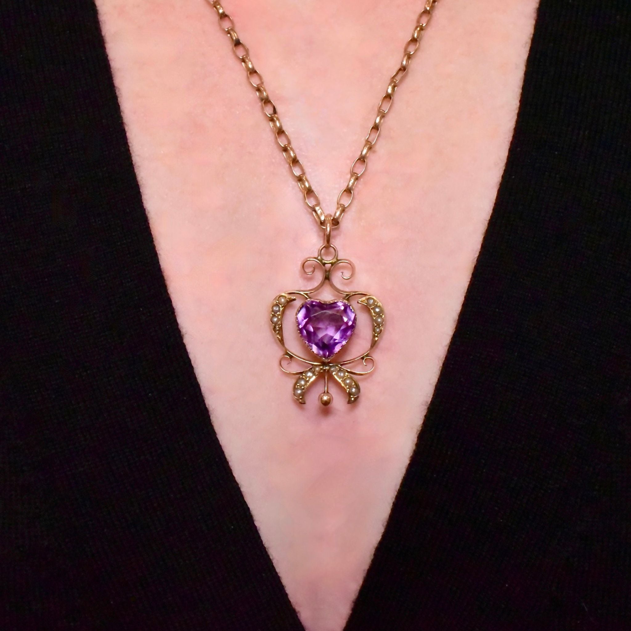 Antique Edwardian 9ct Rose Gold Heart Amethyst Seed Pearl Pendant Circa 1910 Hallmarked for E S Barnsley & Co (Edward Souter Barnsley)