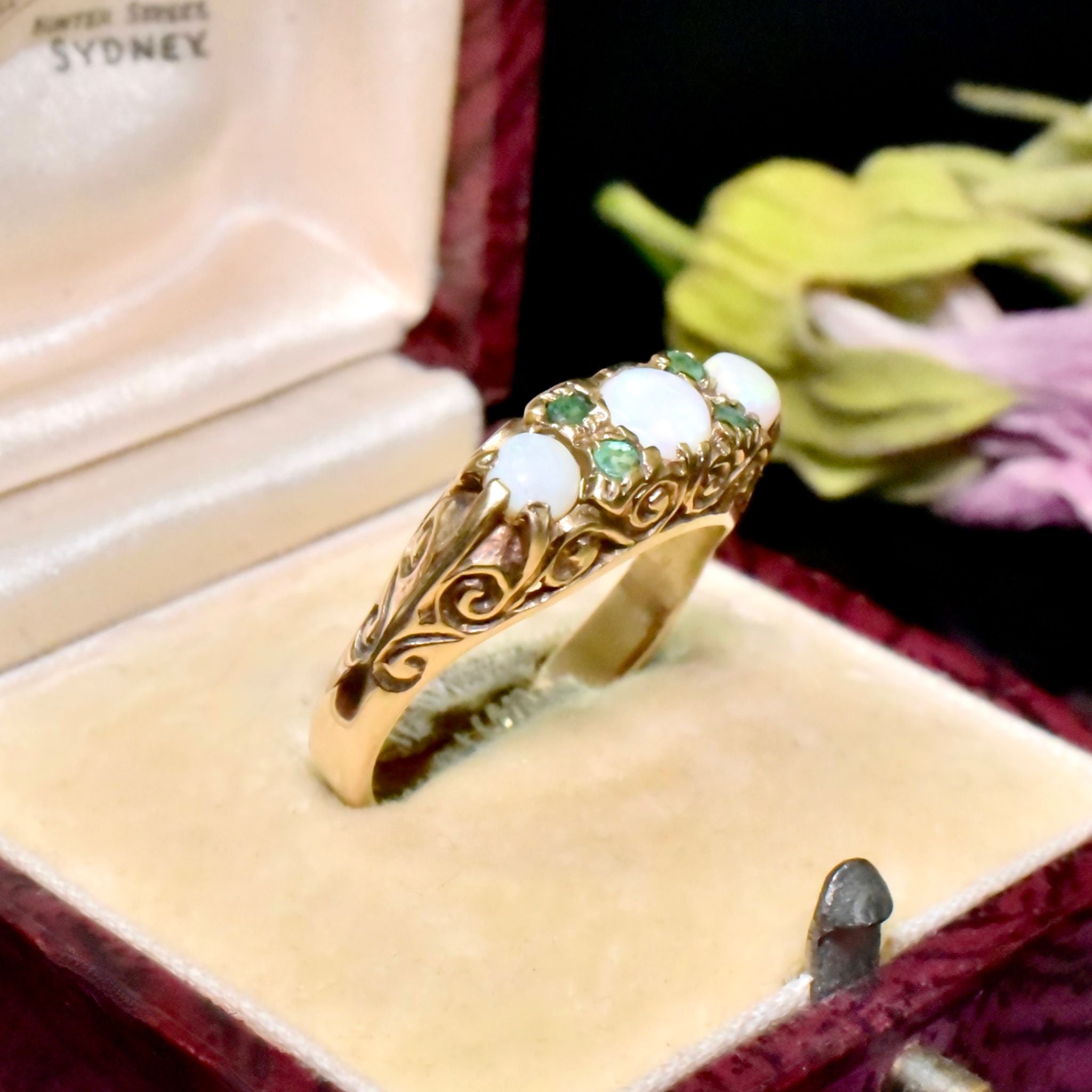 Charming Vintage 9ct Yellow Gold Opal And Emerald Ring - London 1977