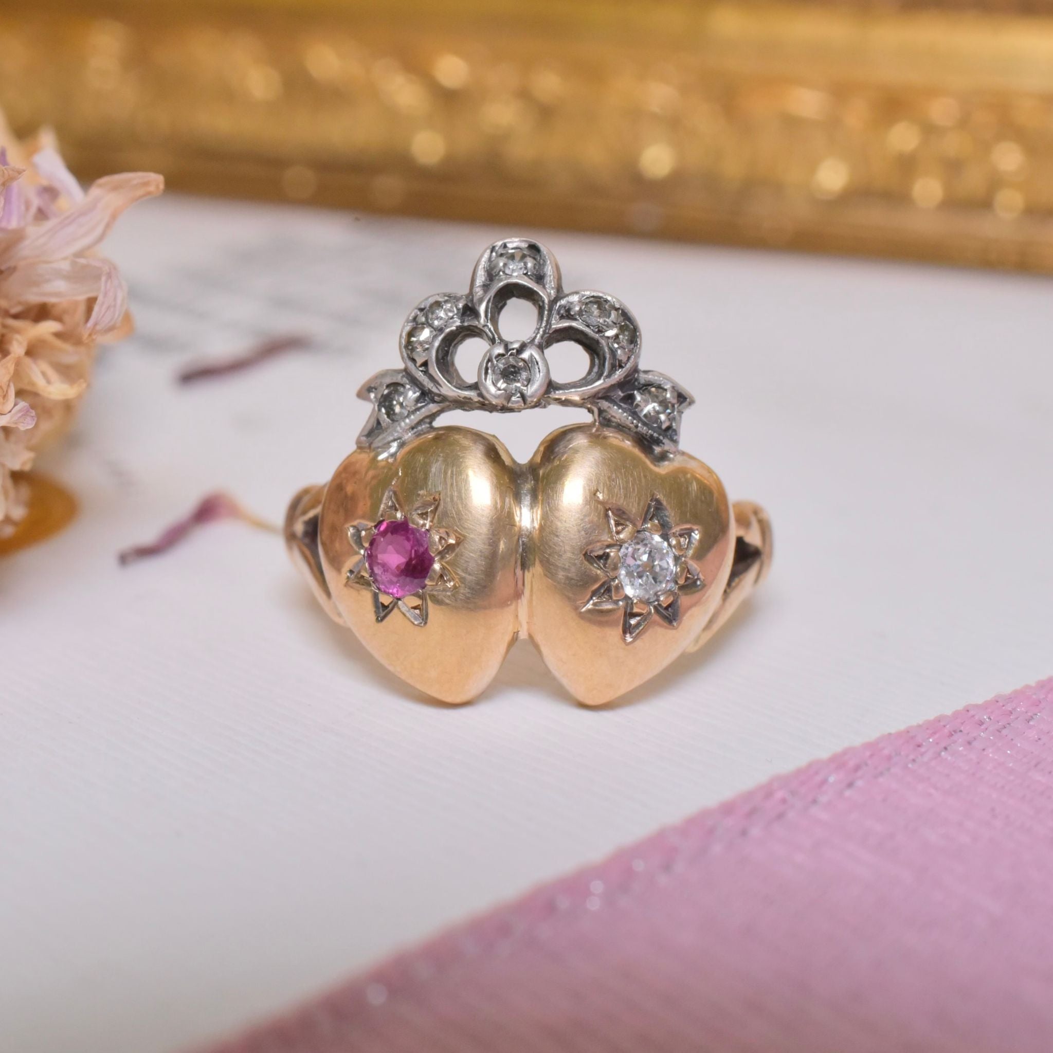 Antique Victorian 15ct Yellow Gold Ruby And Diamond ‘Crowned Bow Double Heart’ Ring