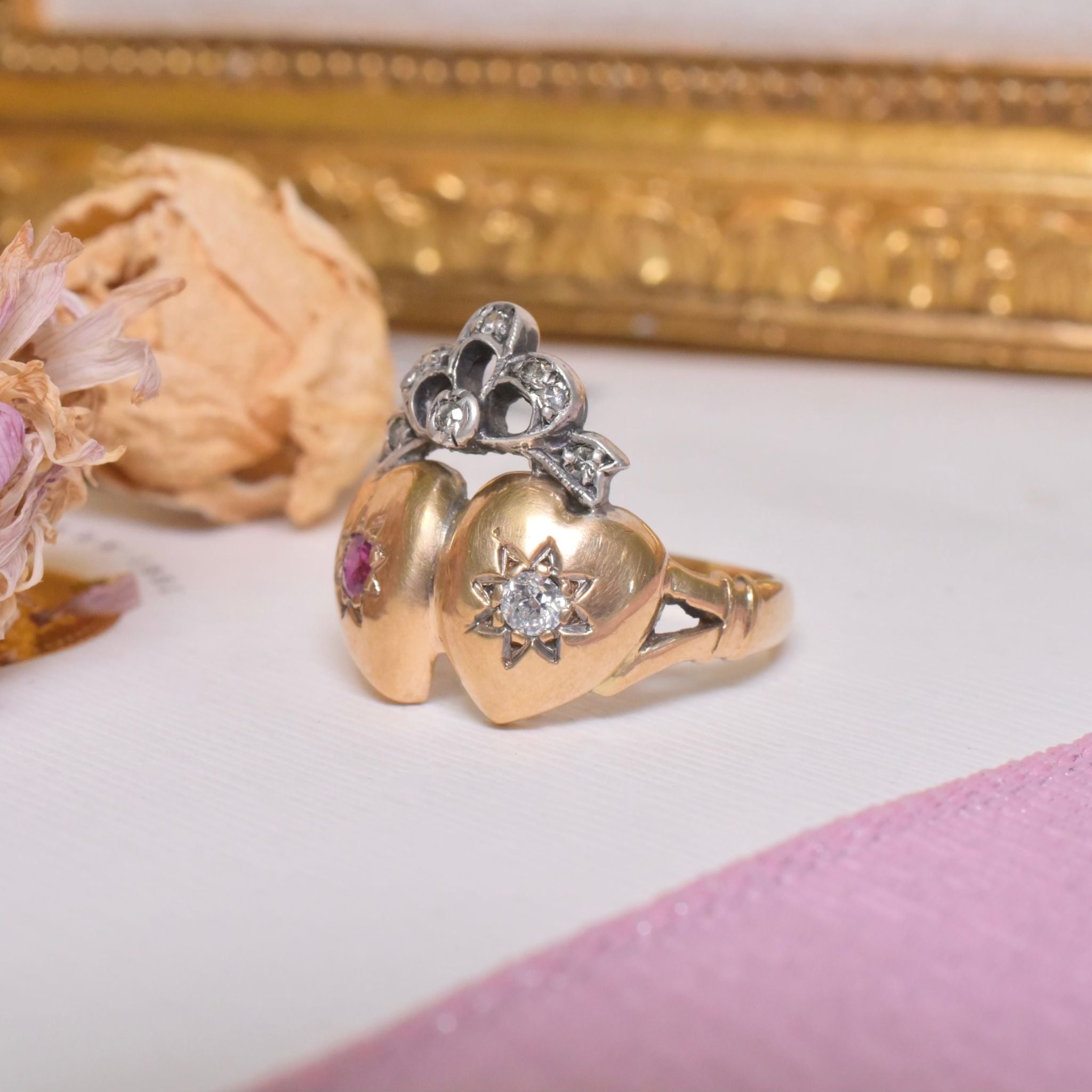Antique Victorian 15ct Yellow Gold Ruby And Diamond ‘Crowned Bow Double Heart’ Ring