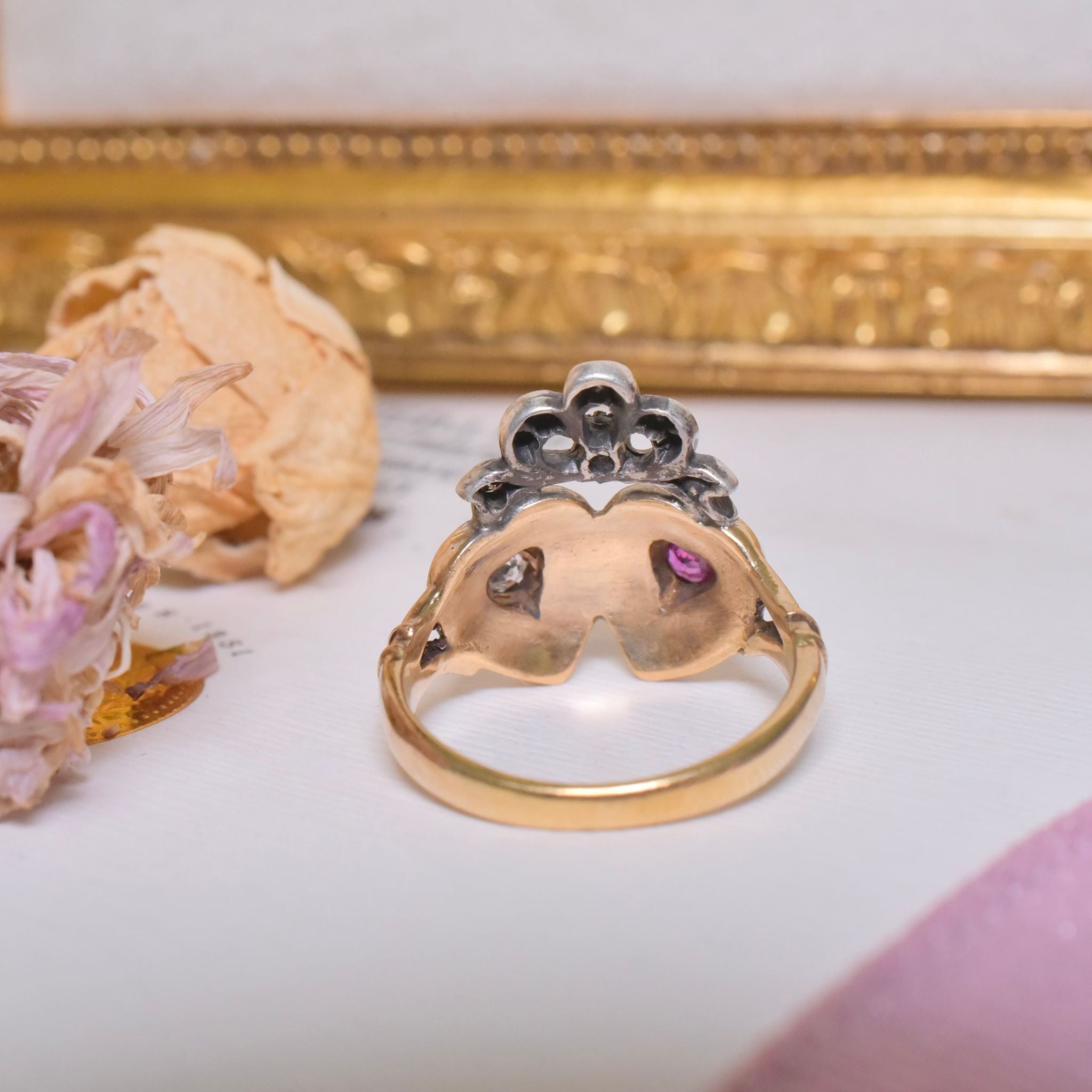 Antique Victorian 15ct Yellow Gold Ruby And Diamond ‘Crowned Bow Double Heart’ Ring