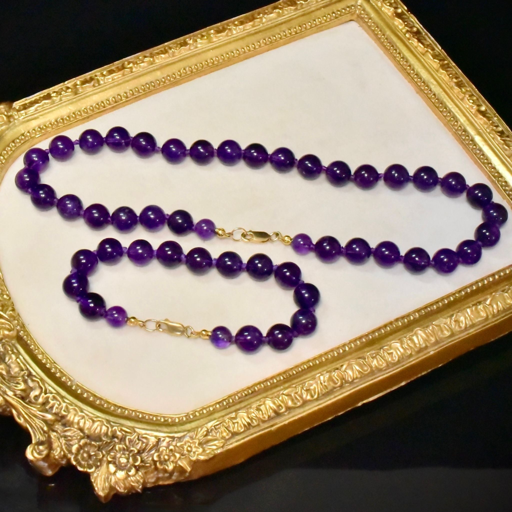 Stunning 14ct Yellow Gold And Amethyst Bead Necklace/Bracelet Set