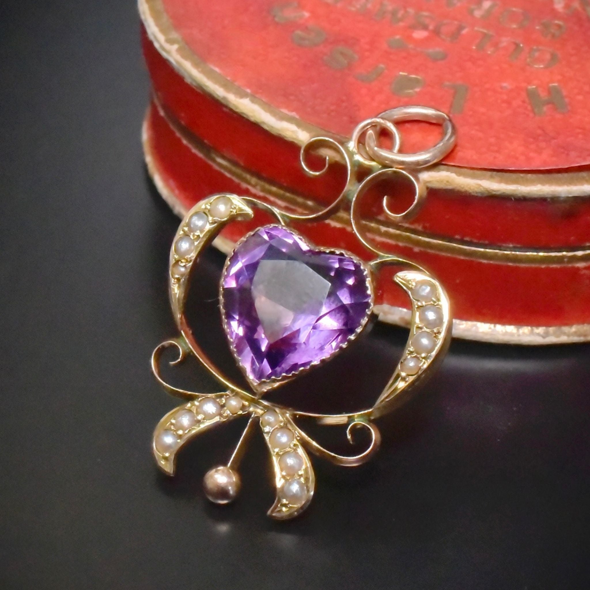 Antique Edwardian 9ct Rose Gold Heart Amethyst Seed Pearl Pendant Circa 1910 Hallmarked for E S Barnsley & Co (Edward Souter Barnsley)