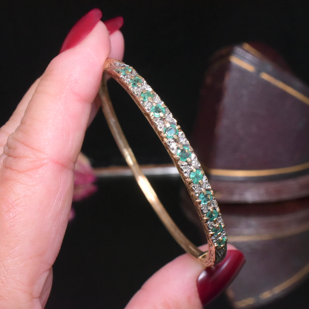 Vintage 9ct Yellow Gold Emerald And Diamond Bangle - Birmingham 1980