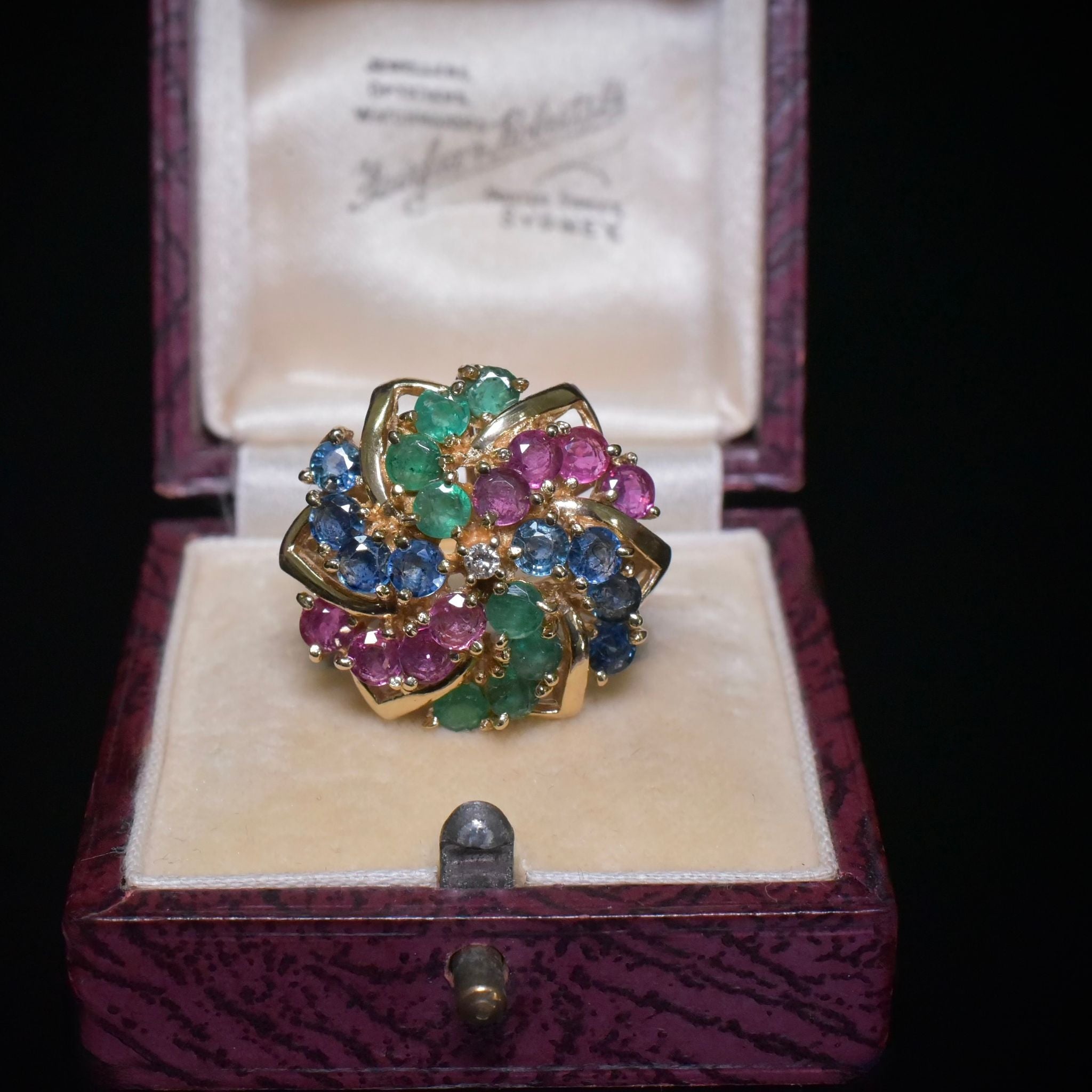 Vintage 14ct Yellow Gold Diamond, Emerald, Ruby, Sapphire Cocktail Ring