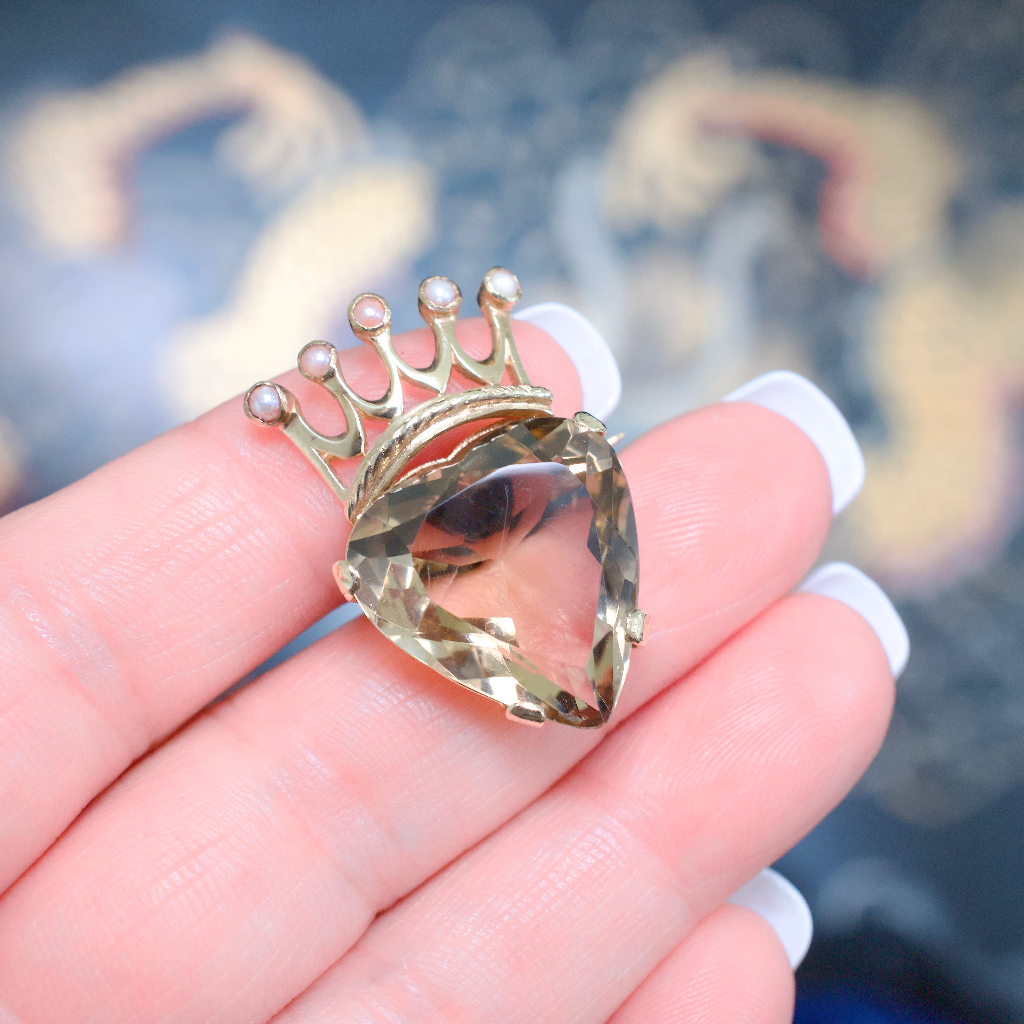 Vintage 9ct Rose Gold Smoky Quartz Seed Pearl ‘Crowned Heart’ Brooch - Birmingham 1970