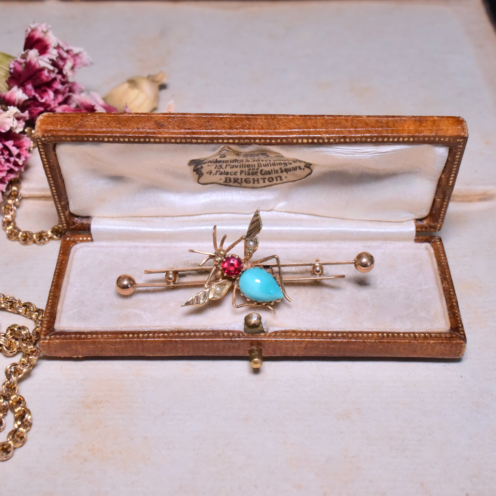 Antique Australian 15ct Rose Gold Turquoise, Garnet, Seed Pearl ‘Fly’ Brooch Circa 1900