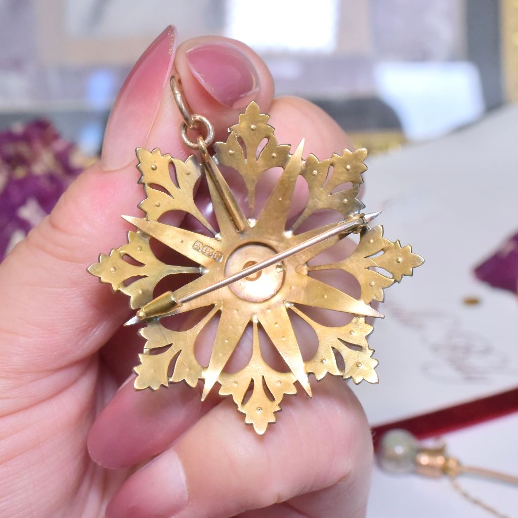Antique Australian Edwardian Large 15ct Gold Seed Pearl ’Starburst’ Pendant/Brooch By Willis And Sons