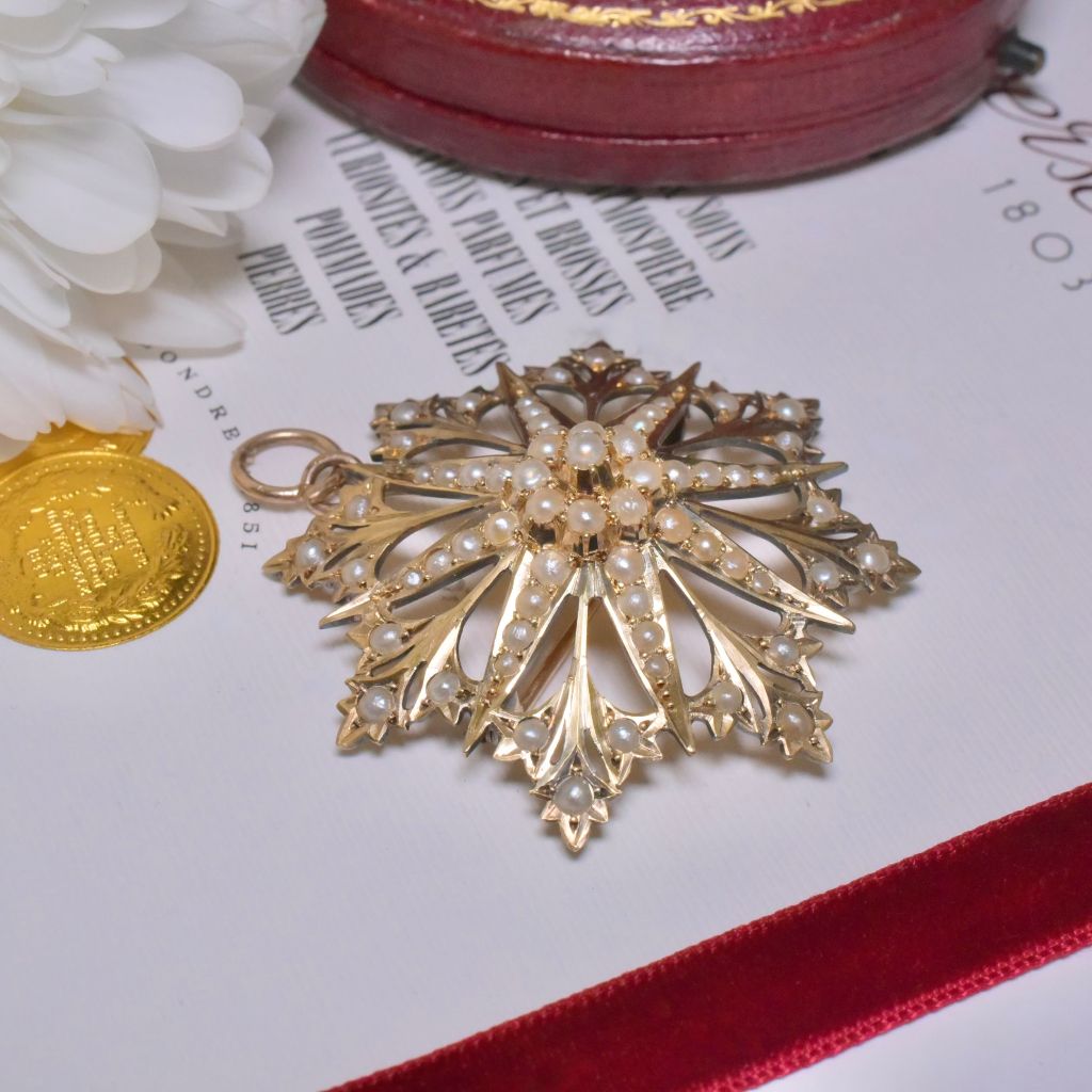 Antique Australian Edwardian Large 15ct Gold Seed Pearl ’Starburst’ Pendant/Brooch By Willis And Sons