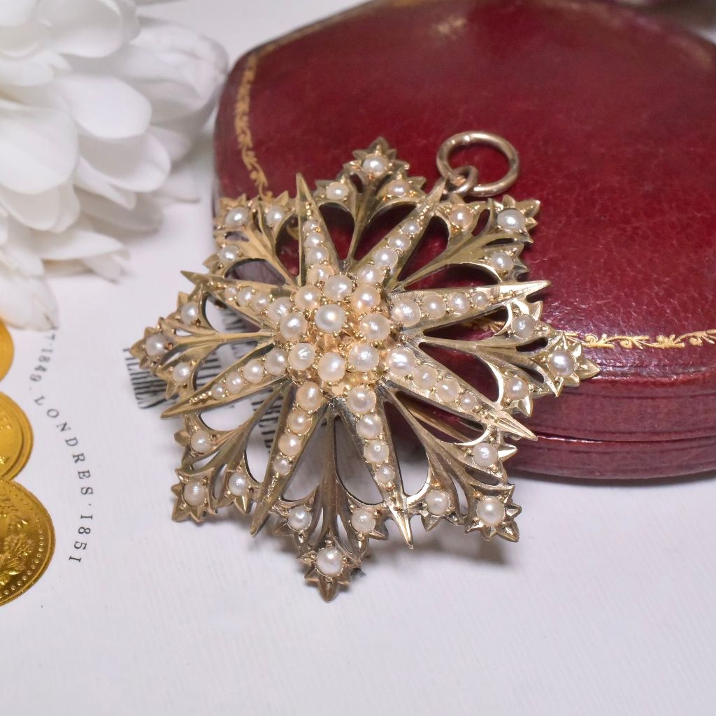 Antique Australian Edwardian Large 15ct Gold Seed Pearl ’Starburst’ Pendant/Brooch By Willis And Sons
