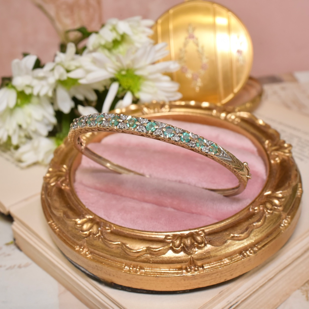 Vintage 9ct Yellow Gold Emerald And Diamond Bangle - Birmingham 1980