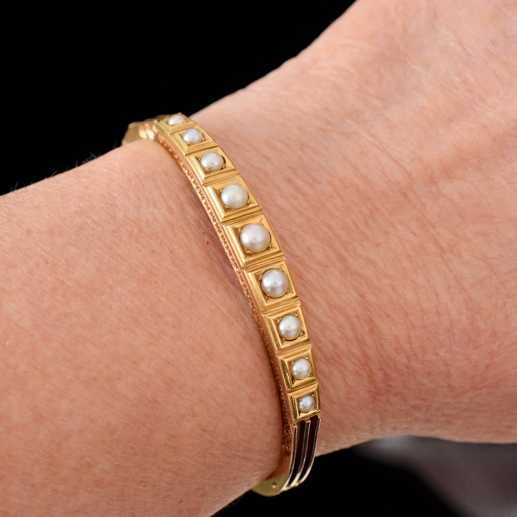 Antique Victorian 18ct Yellow Gold Natural Half Pearl Bangle Circa 1880