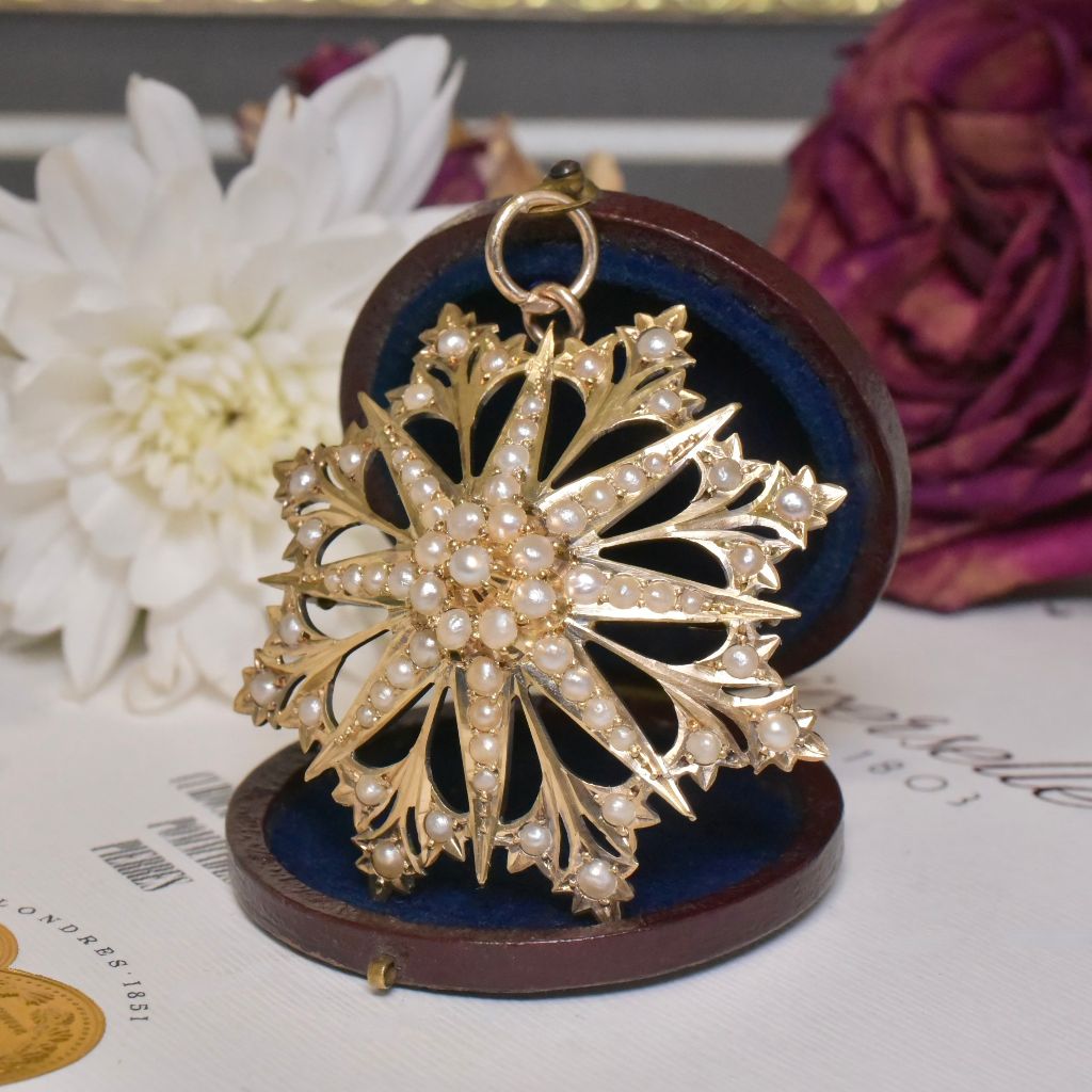 Antique Australian Edwardian Large 15ct Gold Seed Pearl ’Starburst’ Pendant/Brooch By Willis And Sons