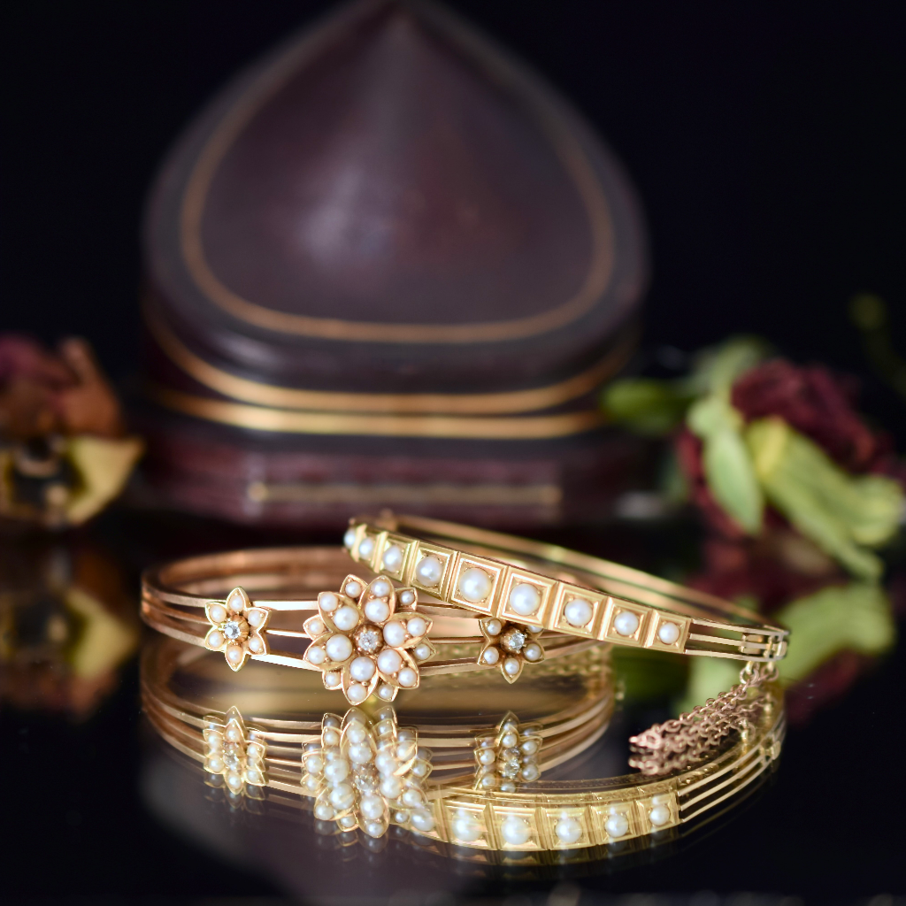 Antique Victorian 18ct Yellow Gold Natural Half Pearl Bangle Circa 1880