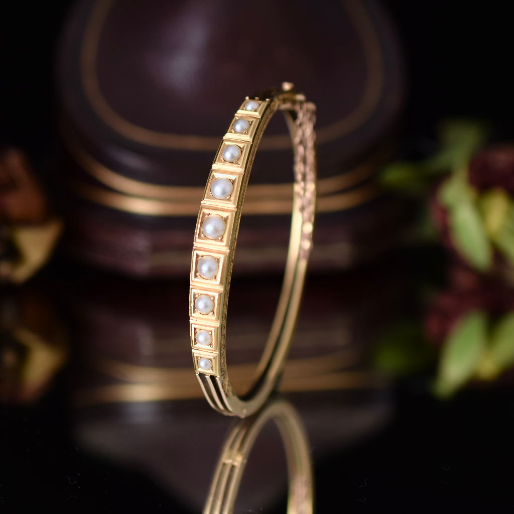 Antique Victorian 18ct Yellow Gold Natural Half Pearl Bangle Circa 1880