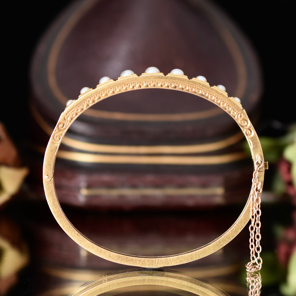 Antique Victorian 18ct Yellow Gold Natural Half Pearl Bangle Circa 1880