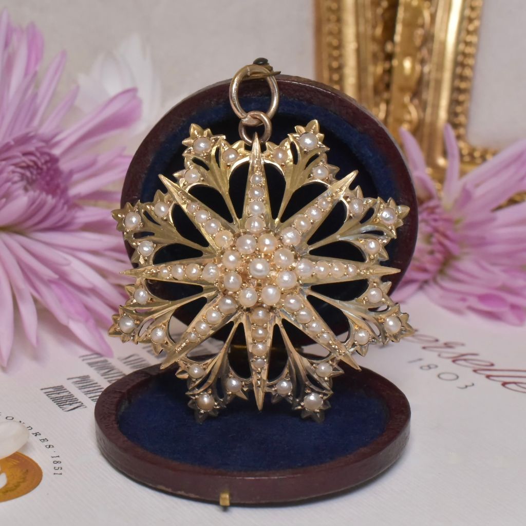 Antique Australian Edwardian Large 15ct Gold Seed Pearl ’Starburst’ Pendant/Brooch By Willis And Sons