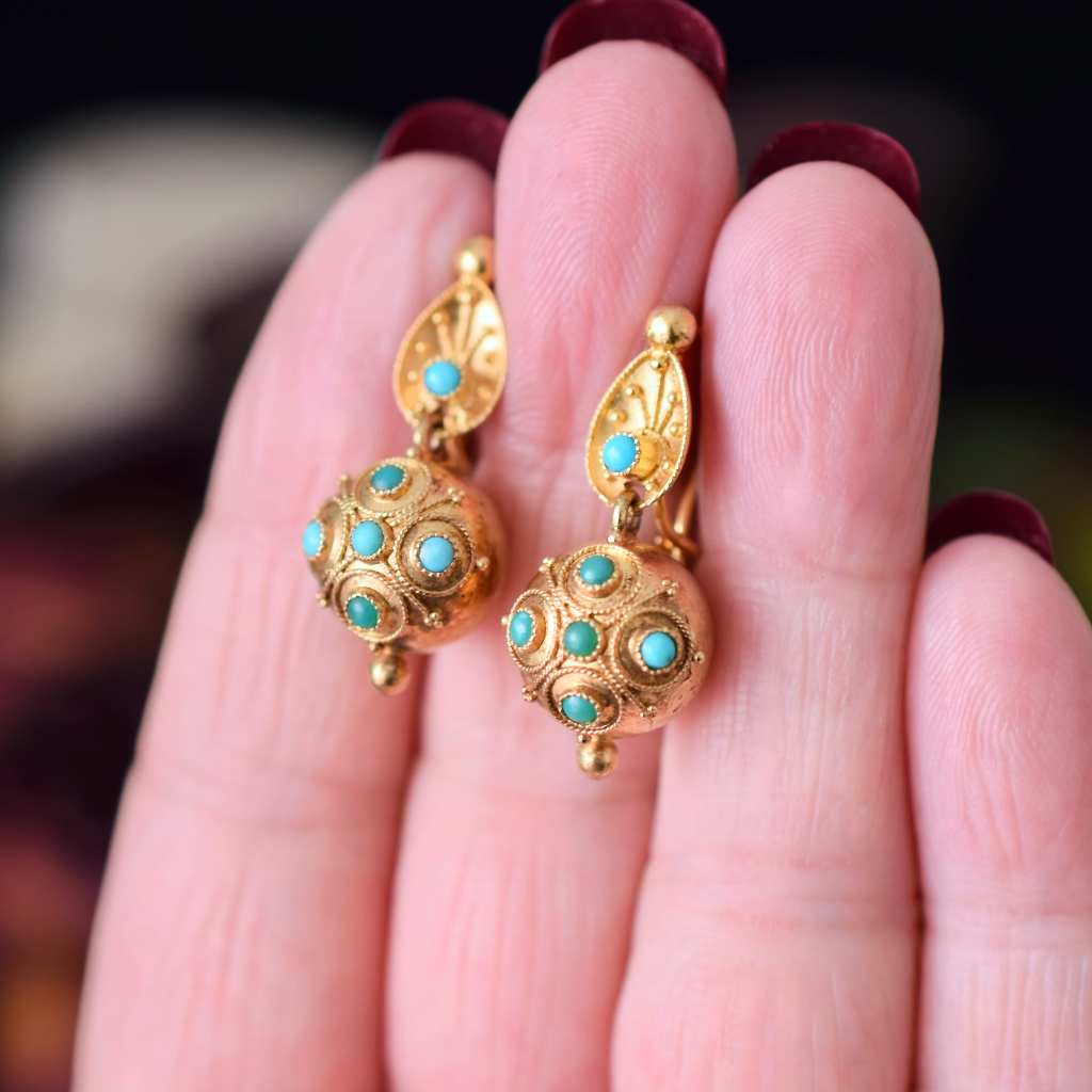 Antique Victorian 20ct Yellow Gold Etruscan Revival Turquoise Orb Earrings Circa 1880