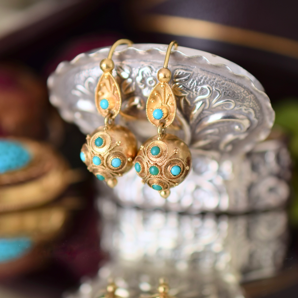 Antique Victorian 20ct Yellow Gold Etruscan Revival Turquoise Orb Earrings Circa 1880