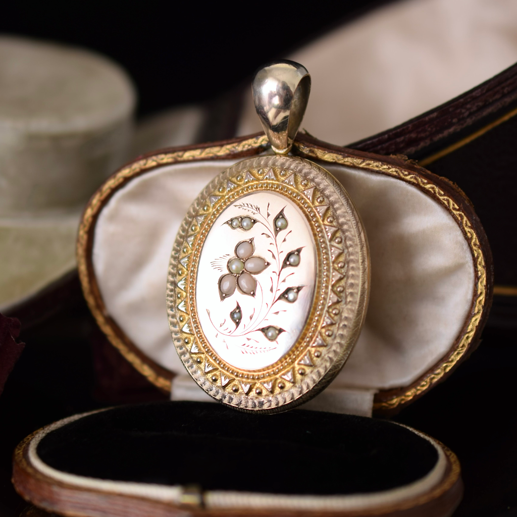 Antique Victorian Gold Gilt Repousse Coral And Seed Pearl Locket Pendant Circa 1880