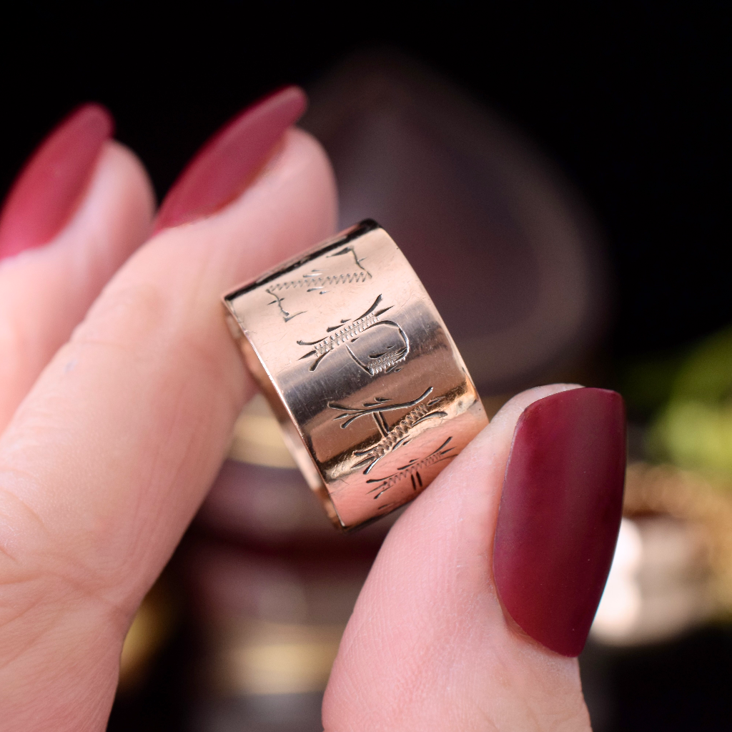 Antique Edwardian 9ct Rose Gold ‘Cigar’ Band ‘MIZPAH’ Ring Circa 1910