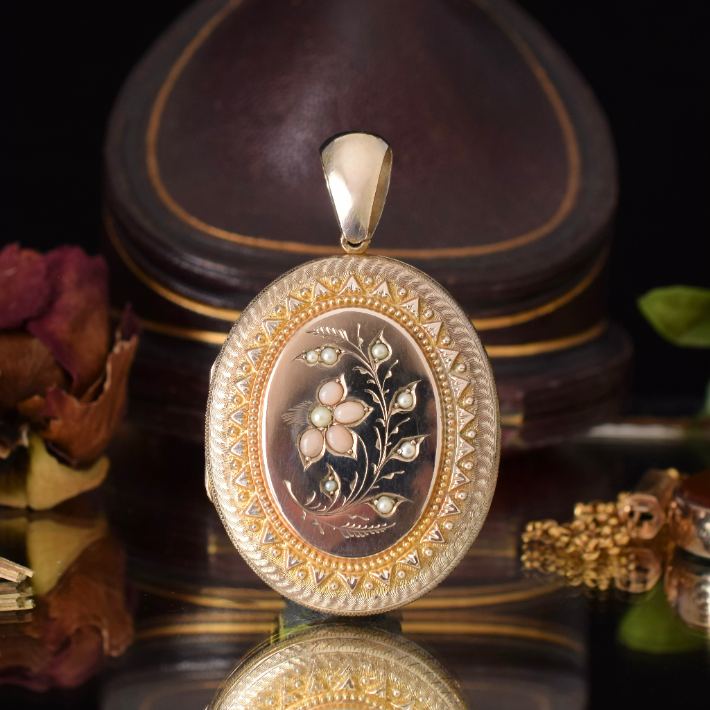 Antique Victorian Gold Gilt Repousse Coral And Seed Pearl Locket Pendant Circa 1880