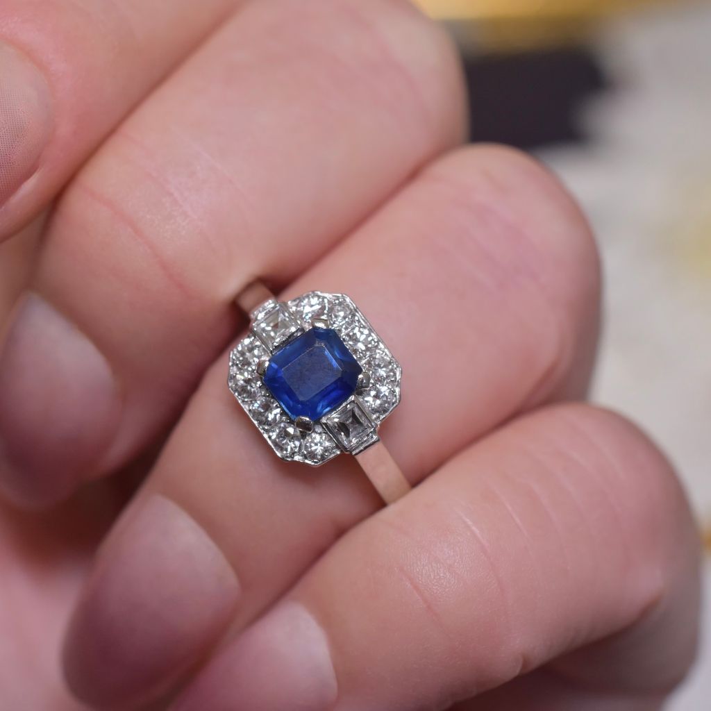 Modern Solid Platinum Natural Sapphire And Diamond Art Deco-Style Ring - Birmingham 1999